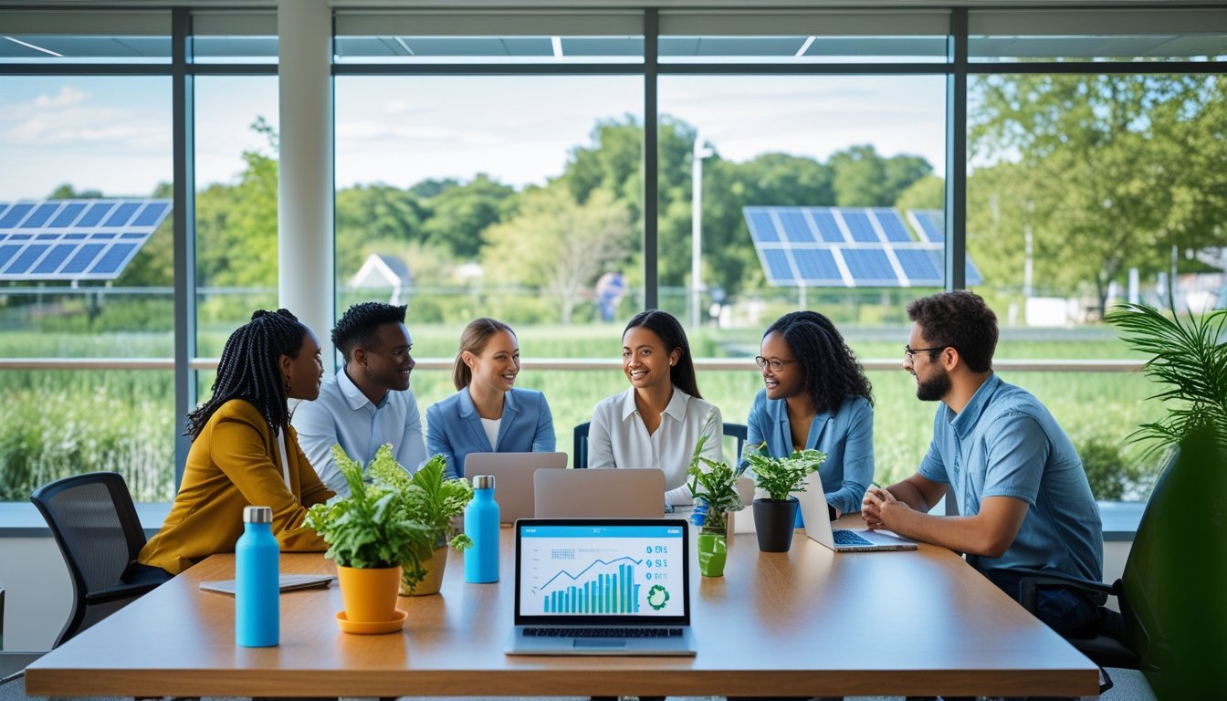 People collaborating around a table with eco-friendly items in a bright office overlooking a green urban landscape.
