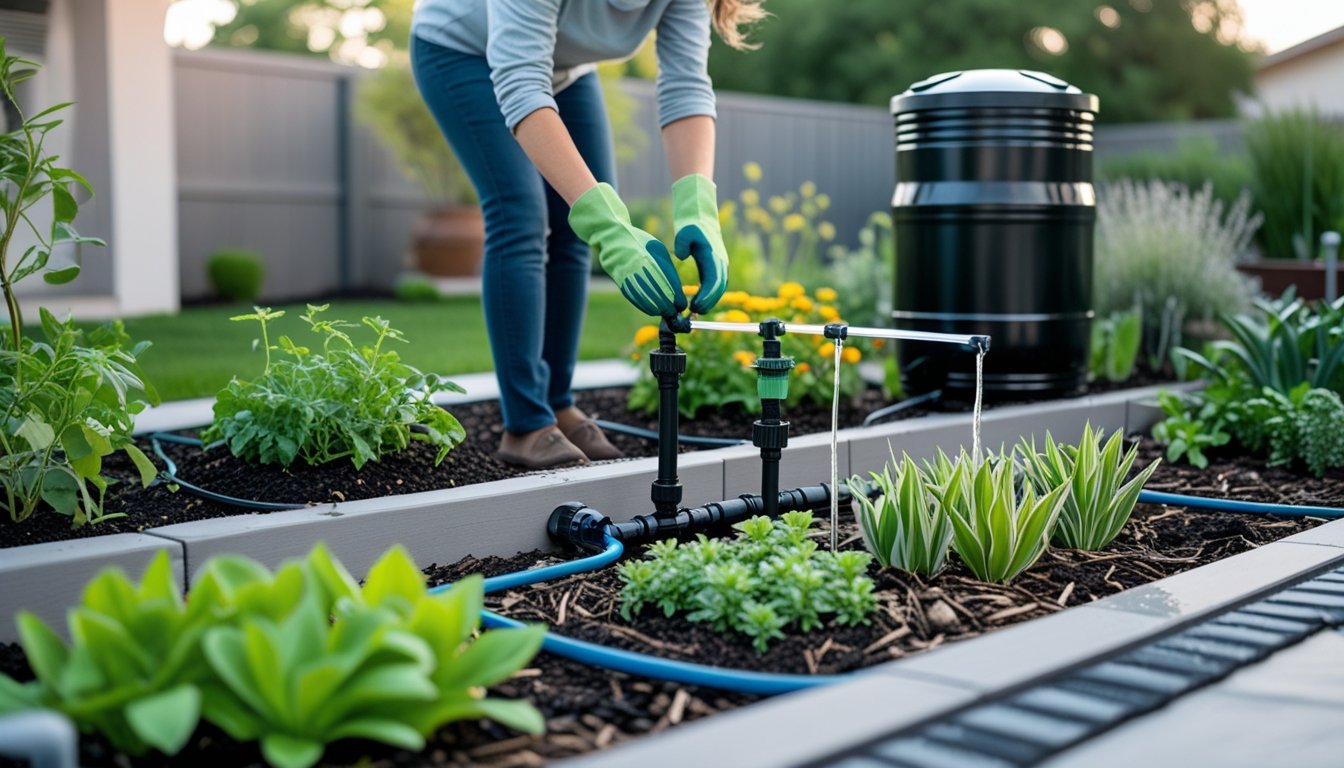 A person adjusting a drip irrigation system in a garden with a rain barrel and drought-resistant plants.