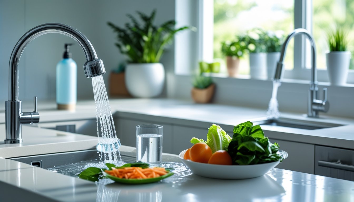 A modern kitchen and bathroom area showing water-saving faucets, a glass being filled with water, fresh vegetables being rinsed, and green plants on a windowsill.