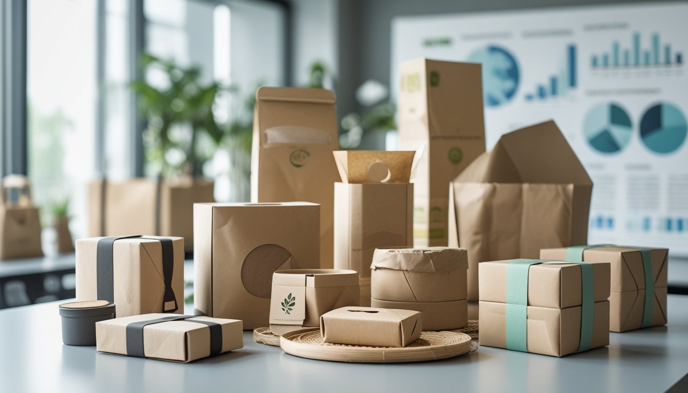A collection of eco-friendly packaging designs made from natural and recycled materials displayed on a clean workspace with charts blurred in the background.