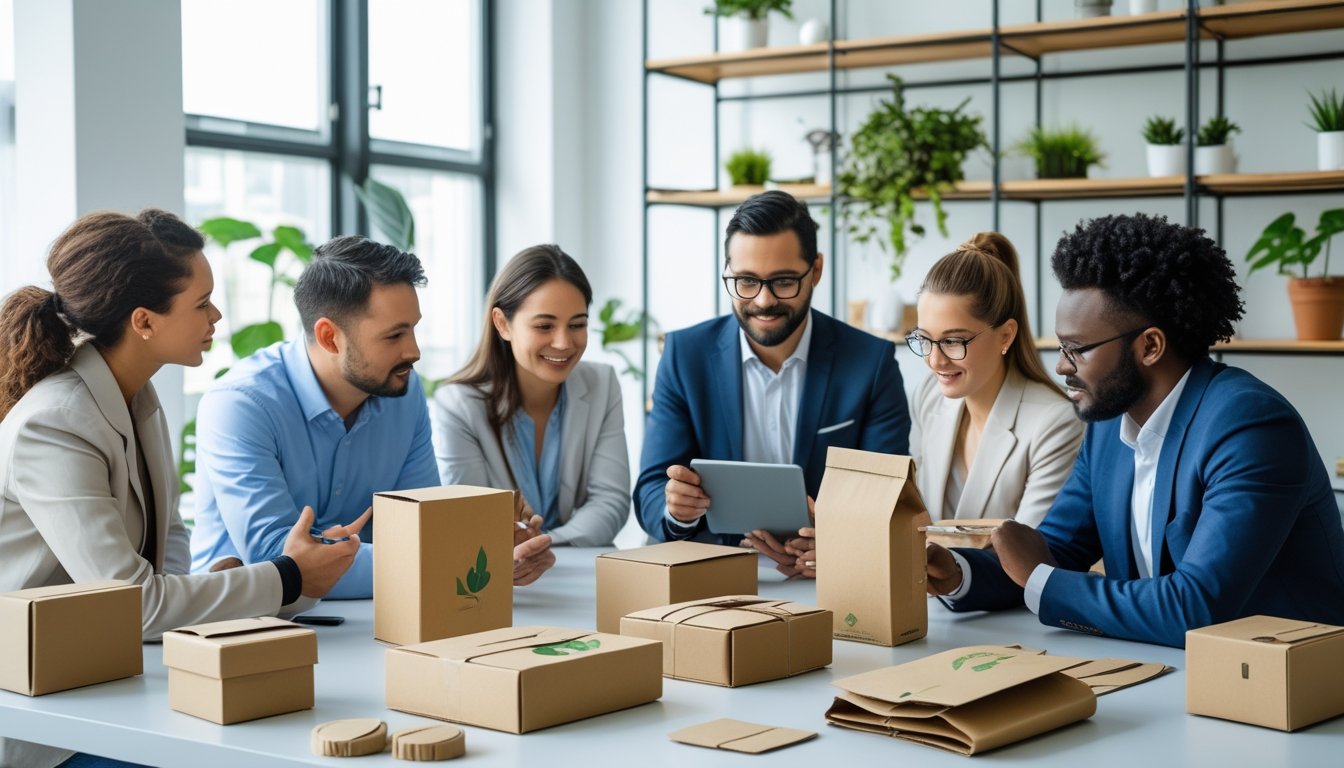 A group of professionals discussing eco-friendly packaging prototypes around a table in a bright office.