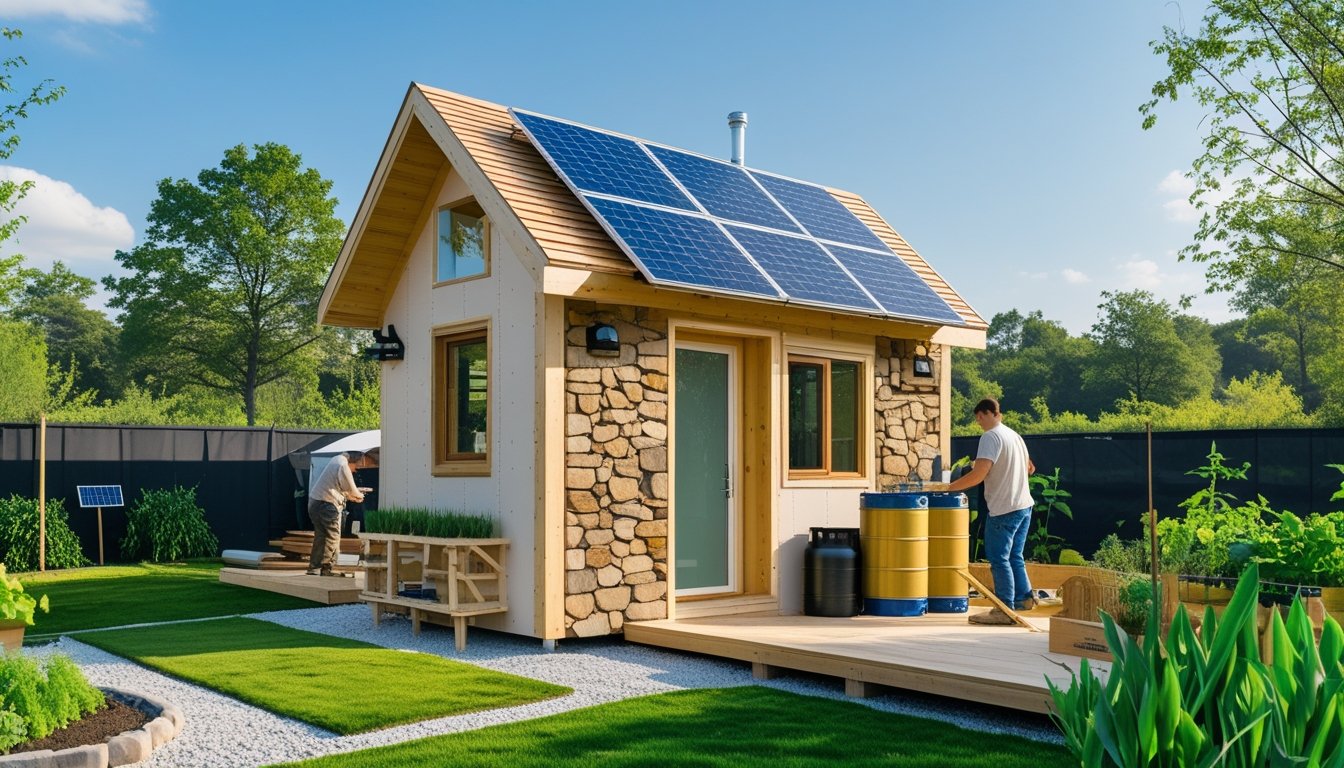 A small eco-friendly tiny home surrounded by greenery with solar panels on the roof and a rainwater collection system, showing sustainable building materials and a person working on construction.