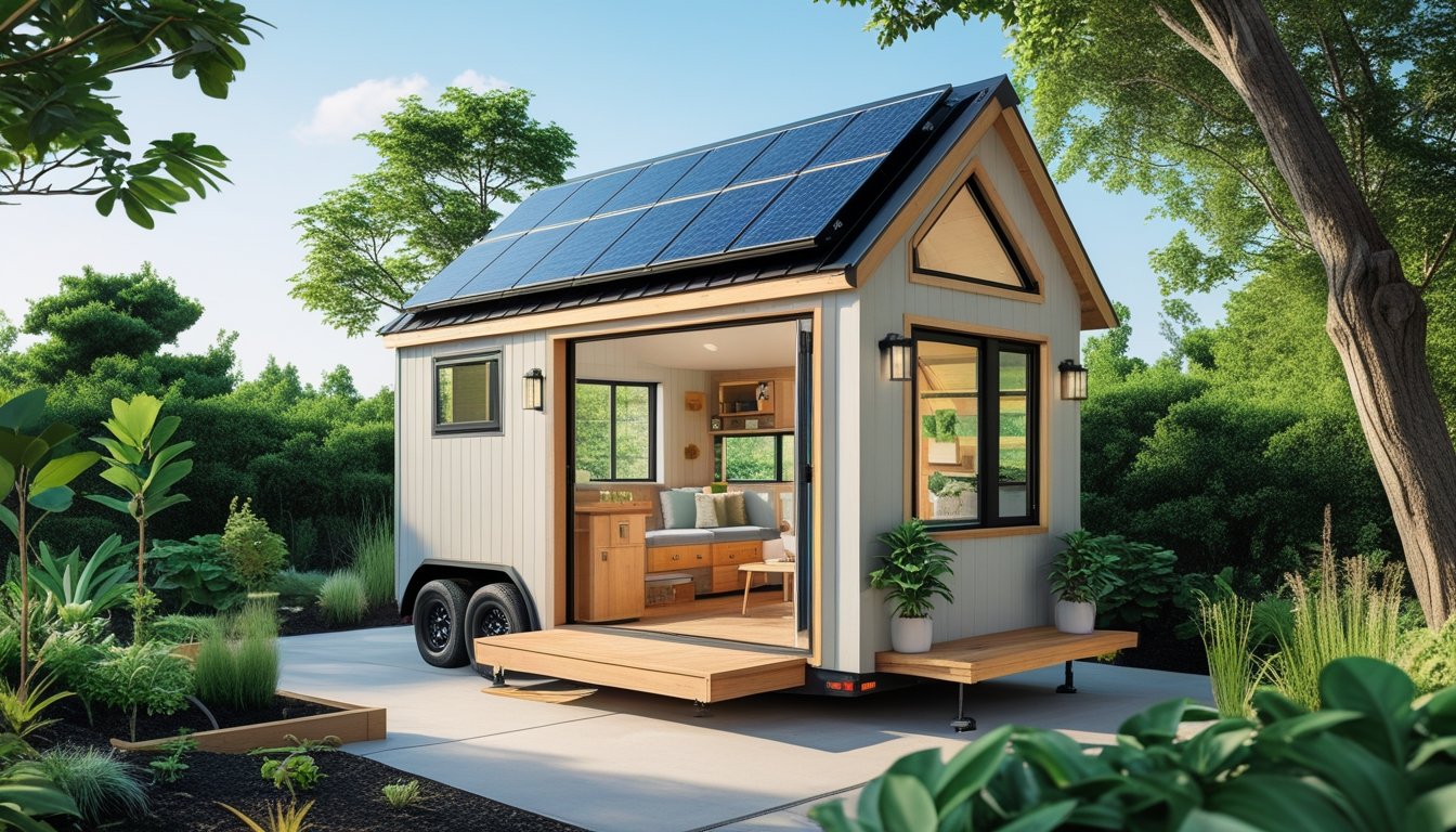 A small eco-friendly tiny home surrounded by greenery with solar panels on the roof and a garden outside.