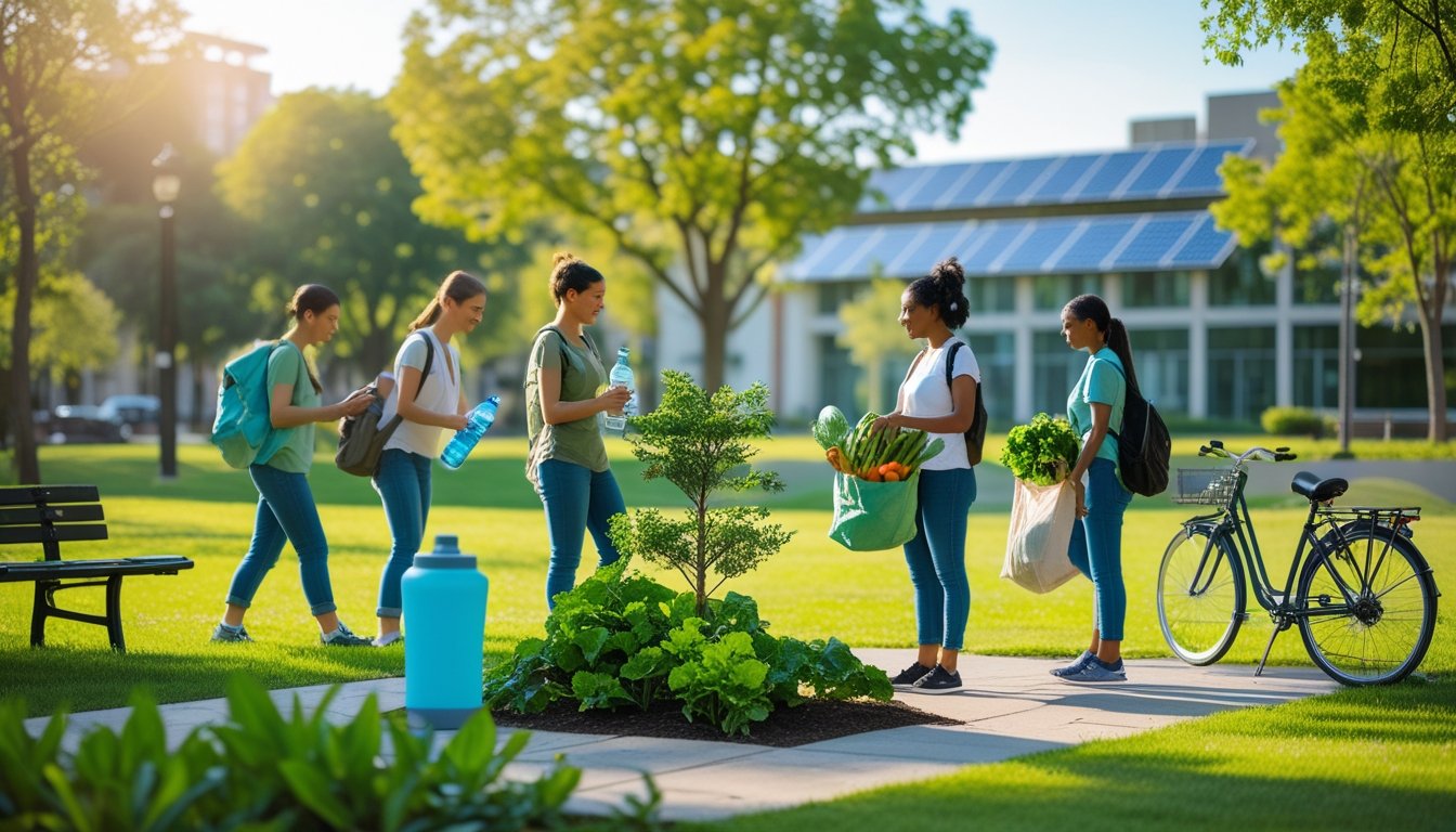 People in a park planting trees, using reusable bottles, carrying tote bags with vegetables, and a bicycle nearby under clear skies.