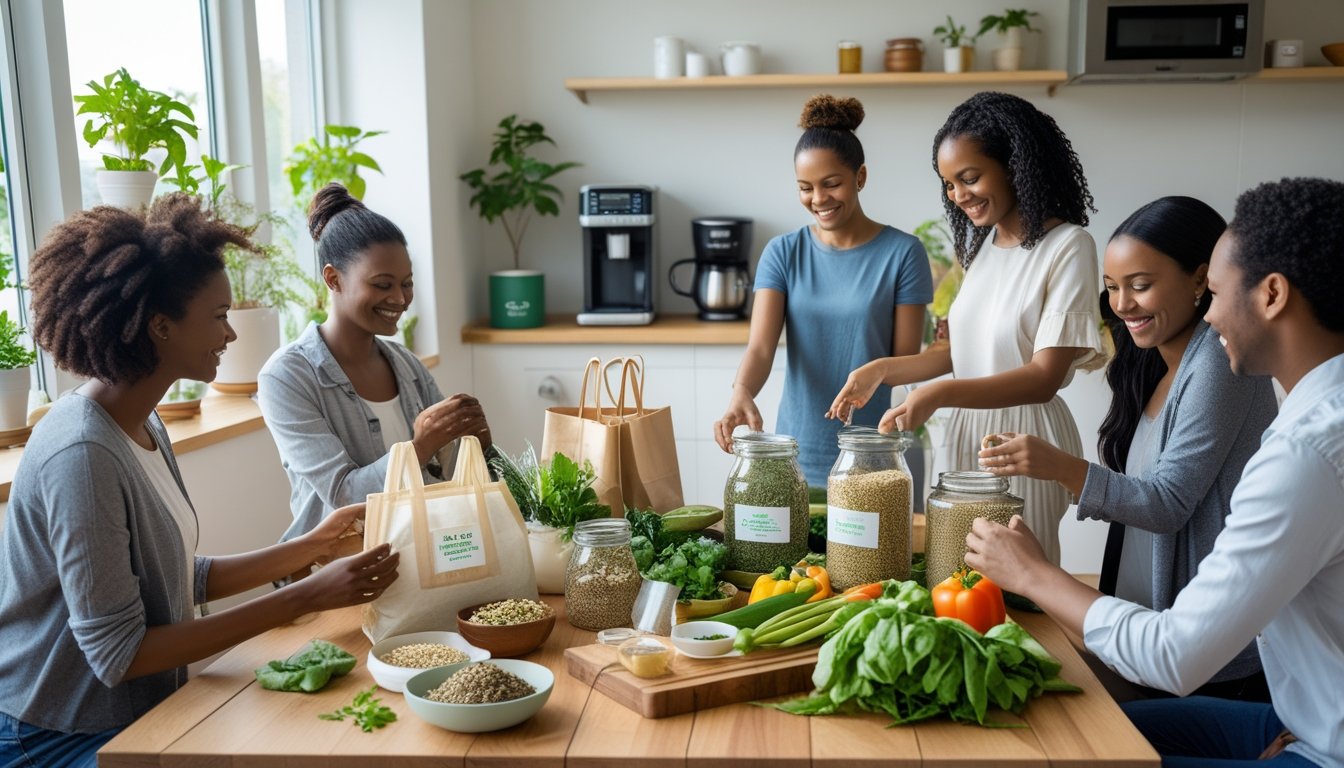 People gathered around a kitchen table with reusable bags, glass jars, fresh vegetables, and a compost bin, surrounded by plants and recycling bins.