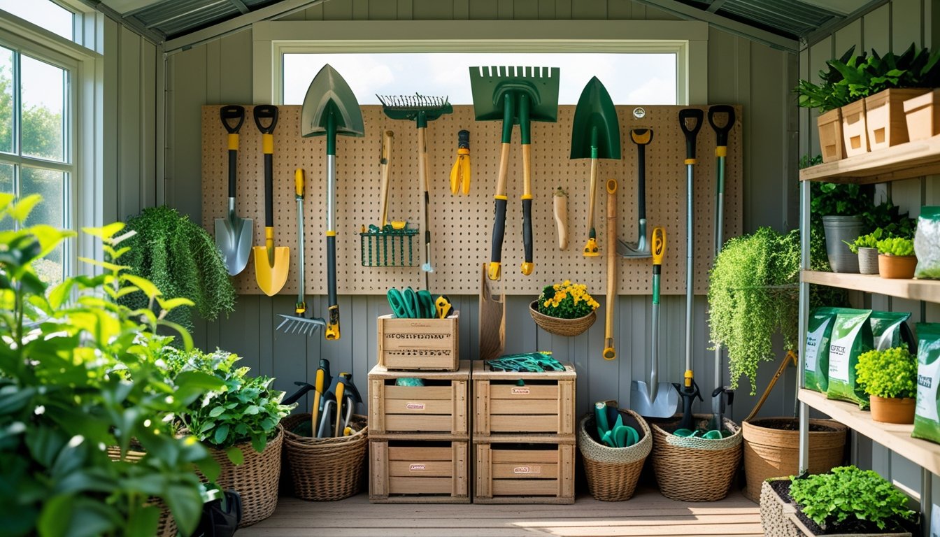 A tidy garden shed with garden tools hung neatly on a wooden pegboard and stored in wooden crates and baskets, with plants and gardening supplies on shelves.