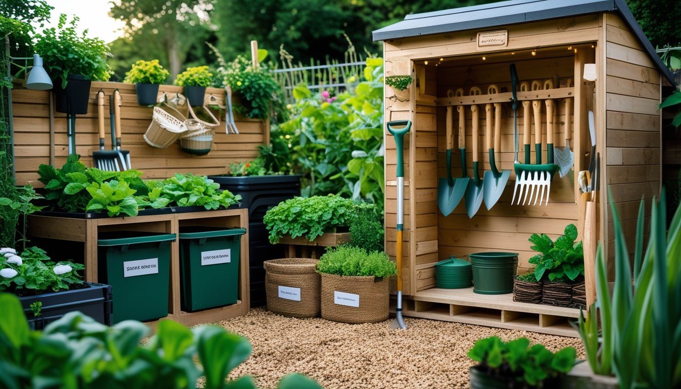 A tidy garden storage area with wooden shed, neatly hung garden tools, labelled storage bins, and surrounding plants and vegetable garden.