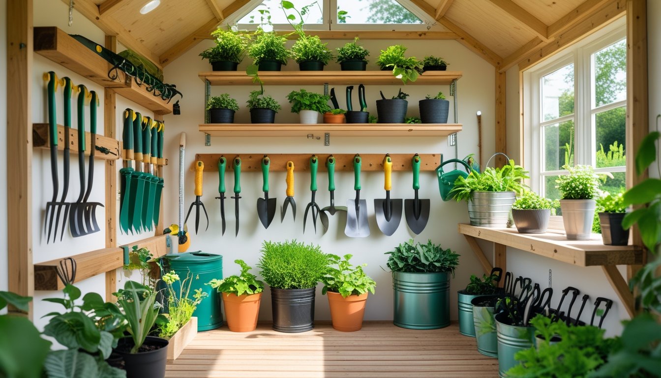 A tidy garden shed with wooden racks and hooks holding garden tools, surrounded by potted plants and natural light.