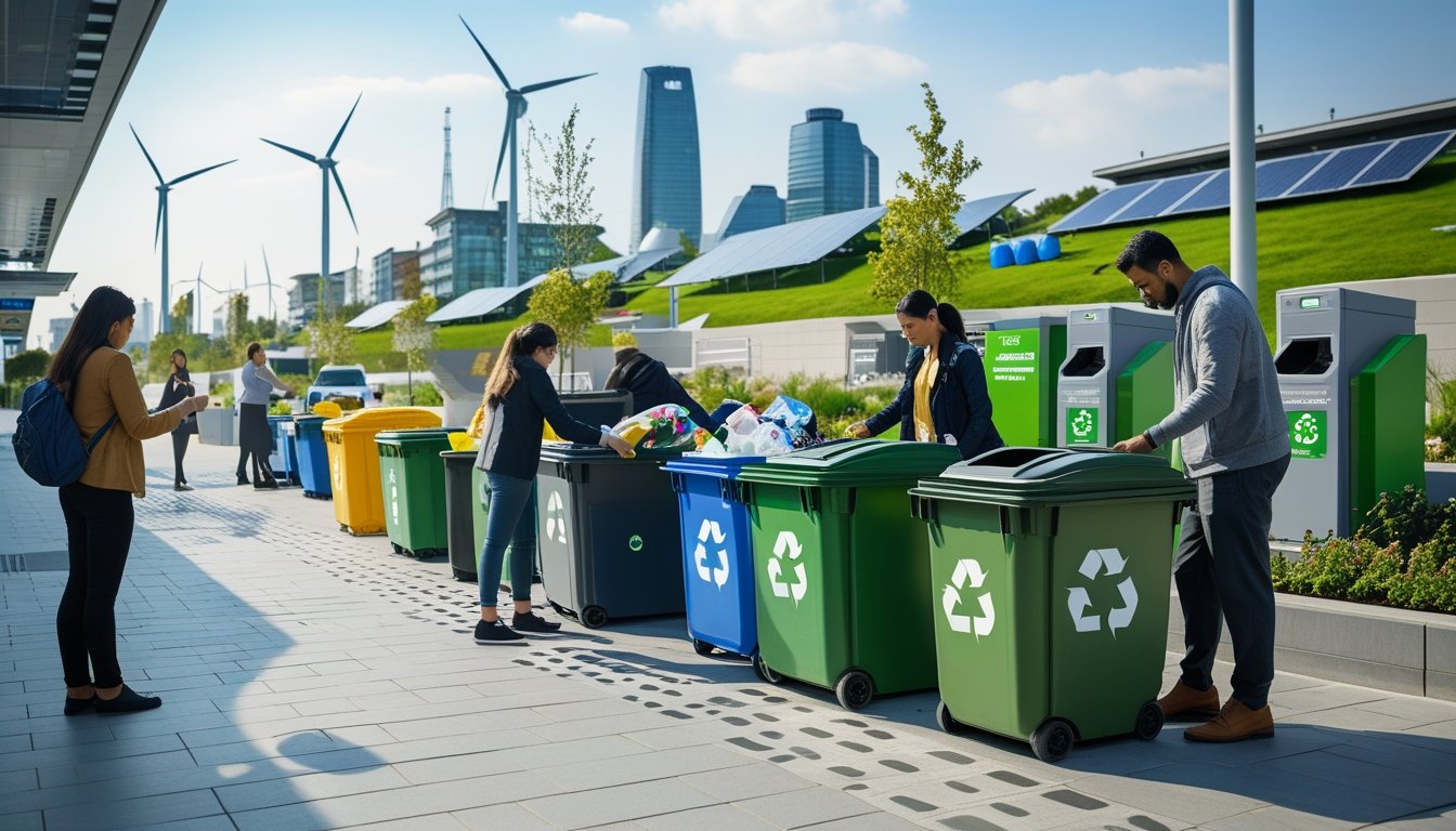 City street with people sorting waste into recycling and compost bins, surrounded by green spaces, solar panels, and modern buildings with green roofs.