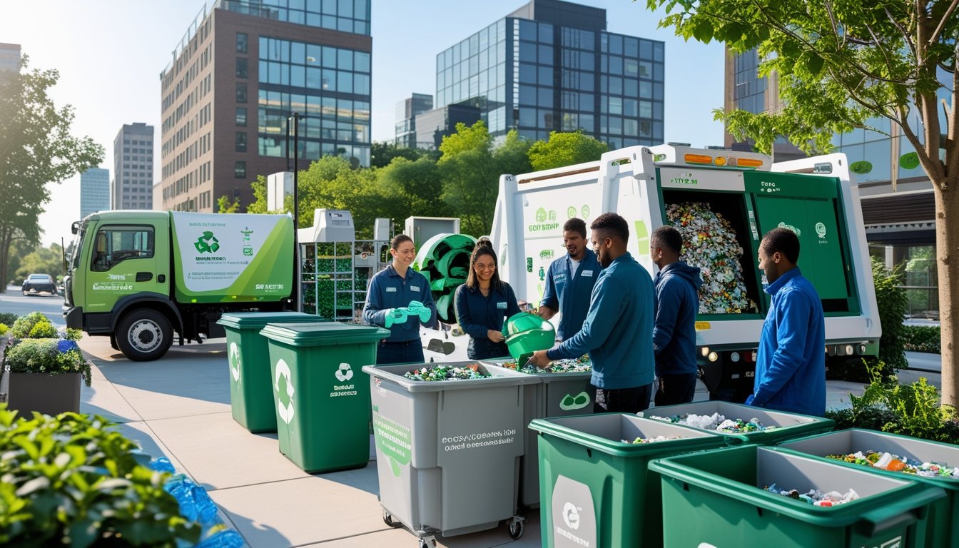 City workers using advanced recycling machines and electric waste trucks in a clean urban area with trees and solar panels on buildings.