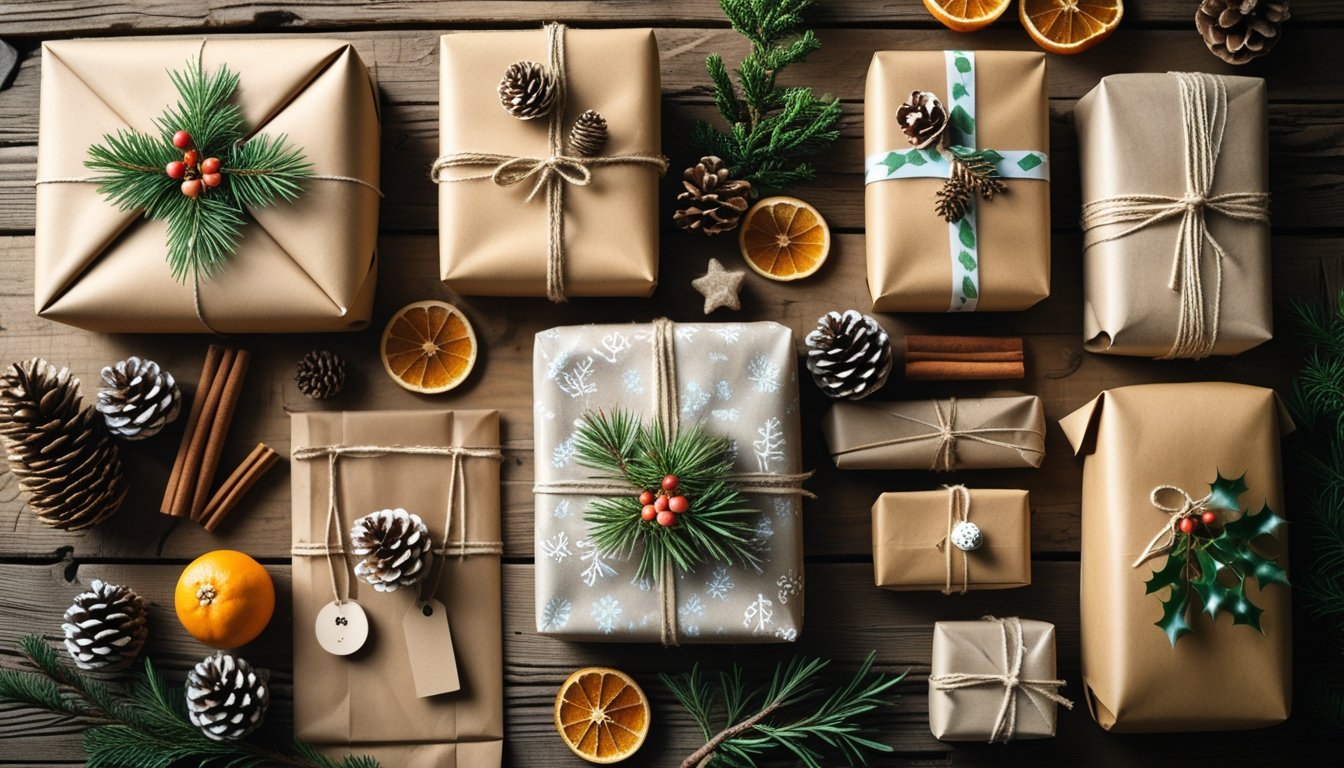 A table with holiday gifts wrapped in natural materials and decorated with dried orange slices, cinnamon sticks, pinecones, and evergreen sprigs.