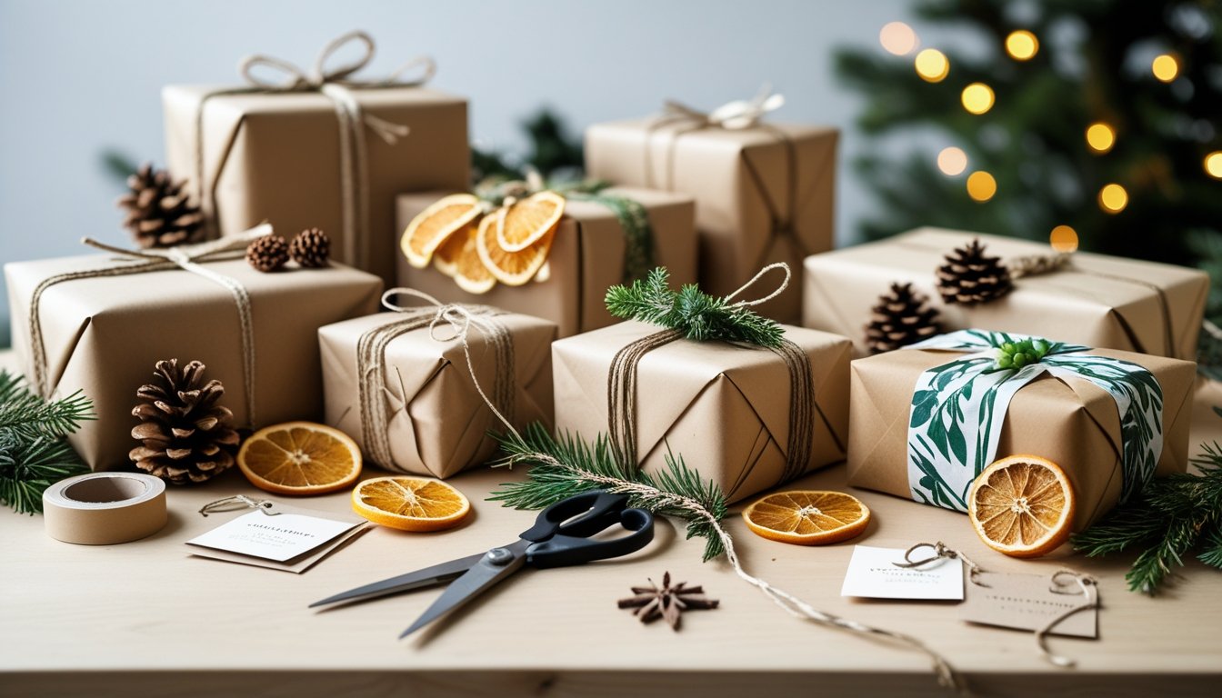 A table with holiday gifts wrapped in natural materials like brown paper and fabric, decorated with twine, dried orange slices, pine cones, and evergreen sprigs.
