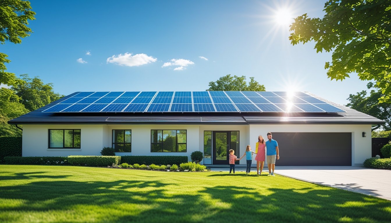 A modern house with solar panels on the roof and a family of three standing outside in a garden on a sunny day.