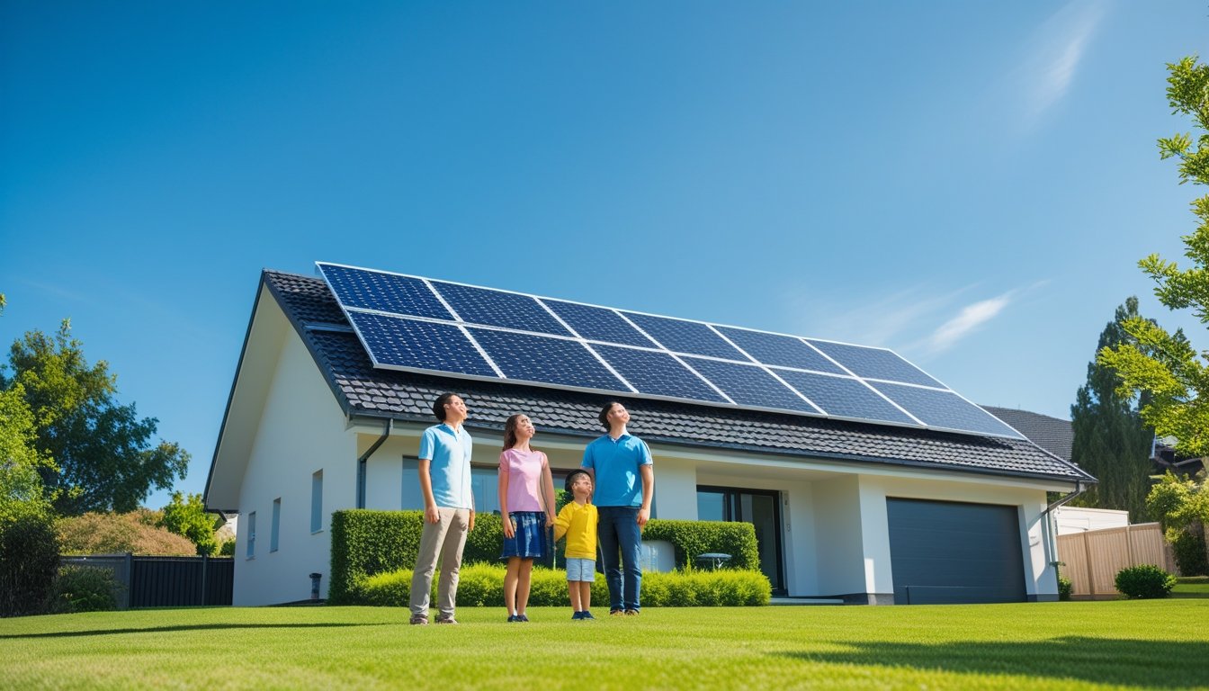 A modern house with solar panels on the roof and a smiling family standing outside in a garden.