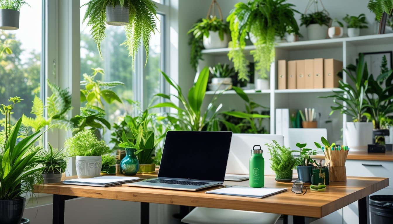 A bright home office with green plants, a wooden desk with a laptop, and eco-friendly office supplies near large sunlit windows.
