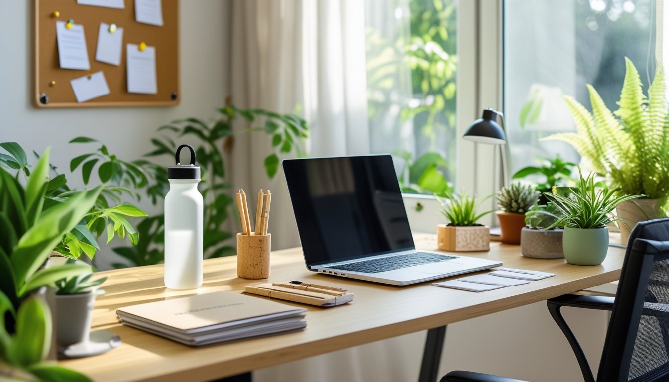 A bright home office with a wooden desk, laptop, green plants, and eco-friendly office supplies near a window with natural light.