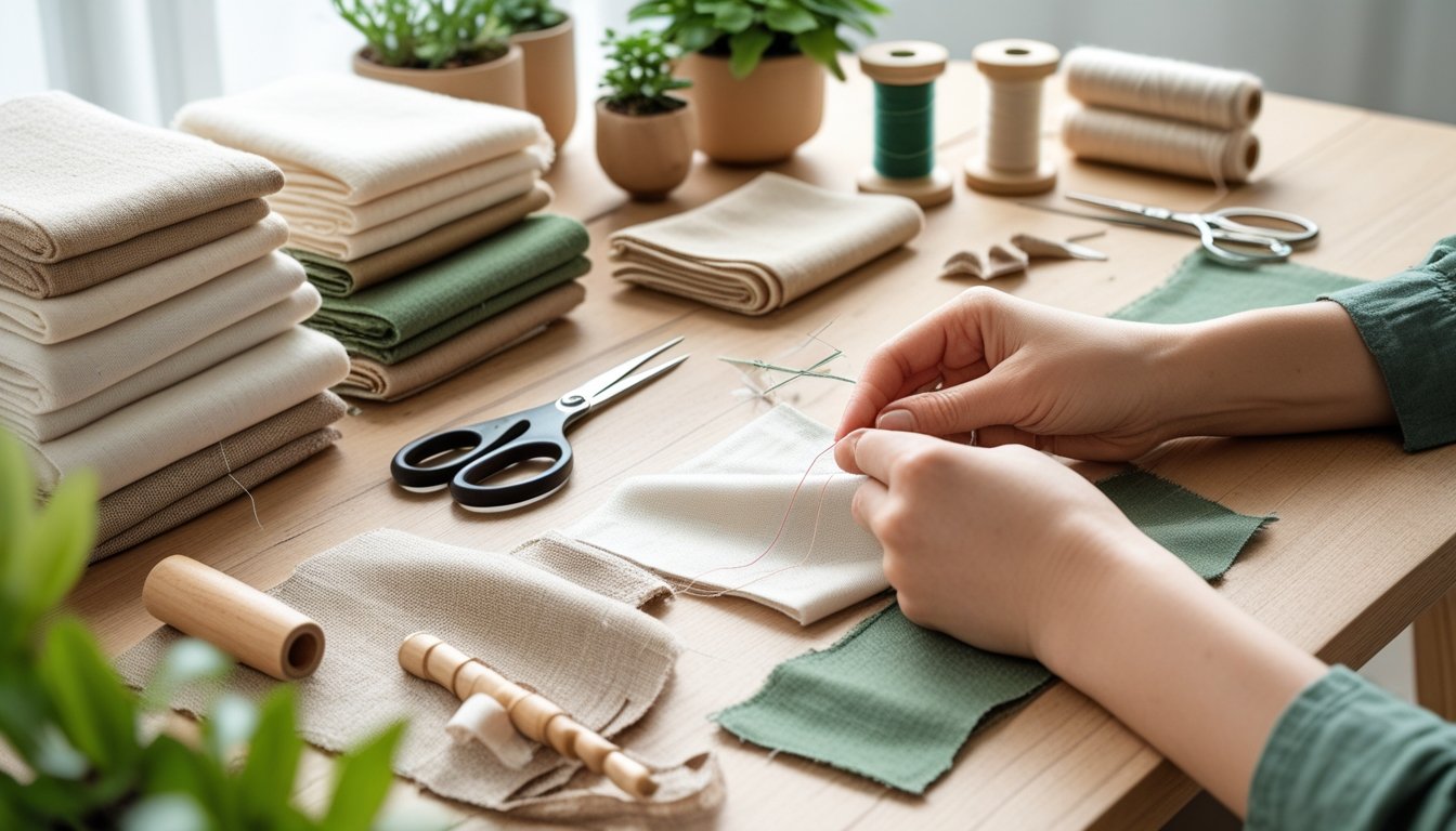 Hands sewing natural fabrics on a wooden table with eco-friendly sewing tools and plants nearby.