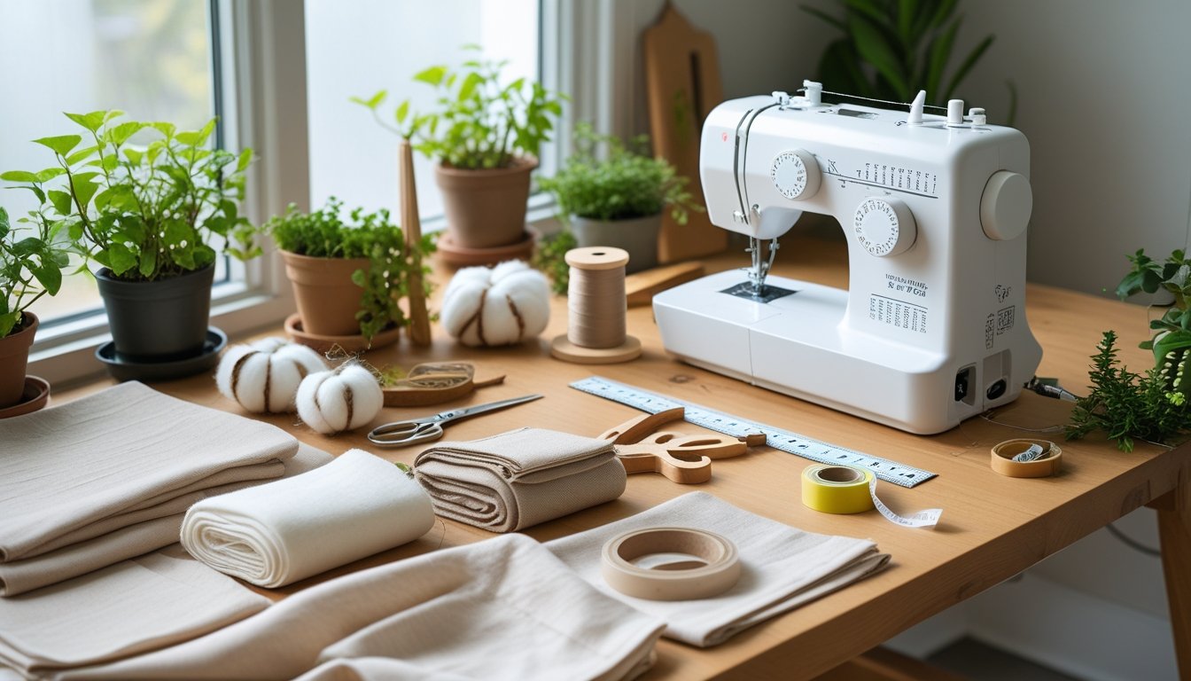 A sewing workspace with natural fabrics, wooden tools, a sewing machine, and potted plants on a wooden table near a window.