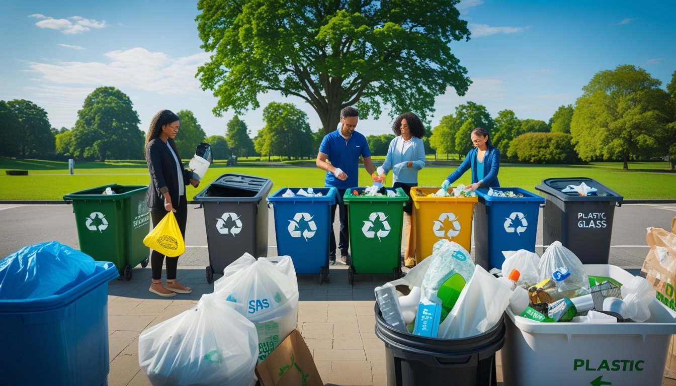 People sorting recyclable waste into labelled bins at a clean recycling centre with a green park in the background.