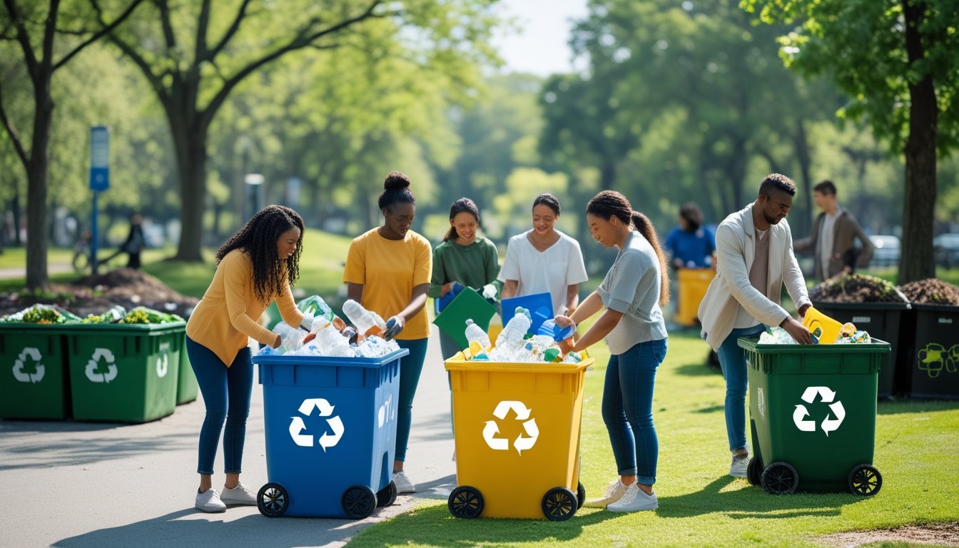 People sorting waste into recycling and compost bins in a green park with trees and sunlight.