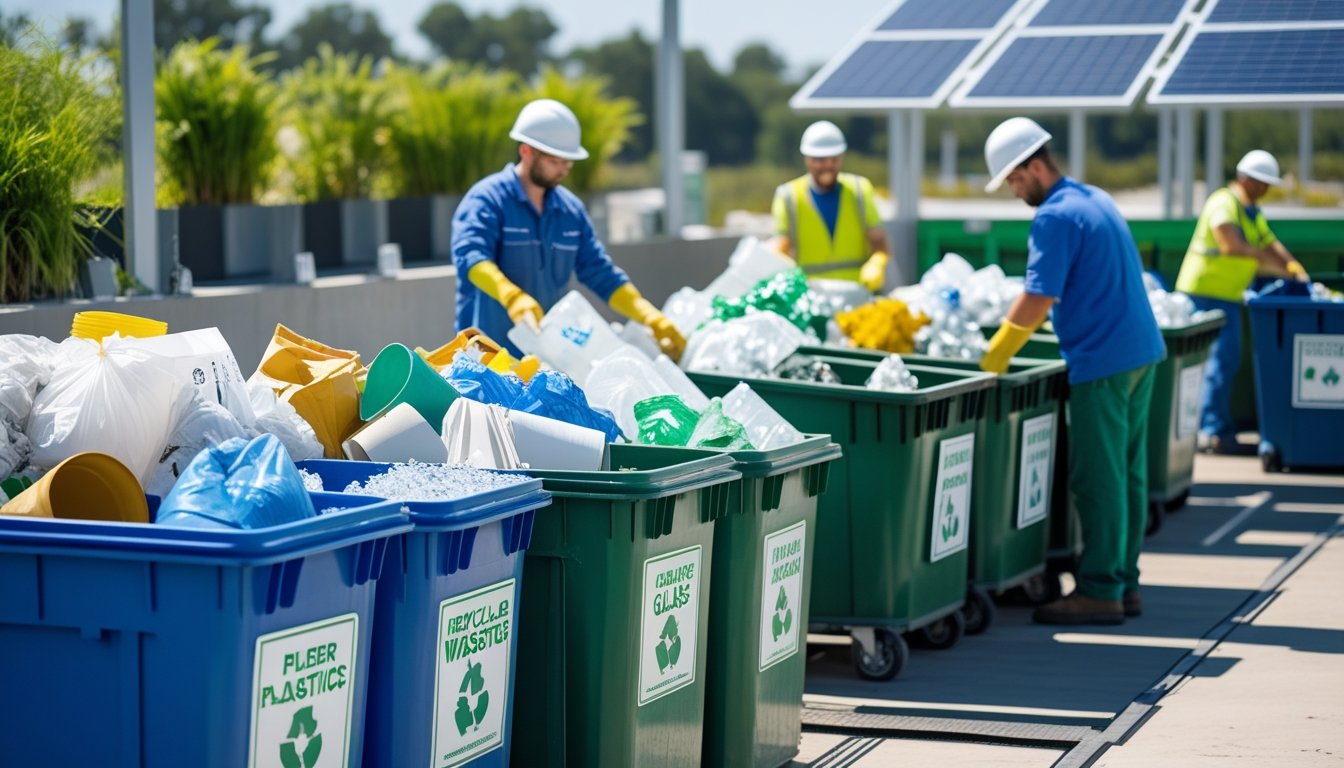 Workers sorting recyclable materials into labelled bins at a clean recycling facility with solar panels and plants visible in the background.