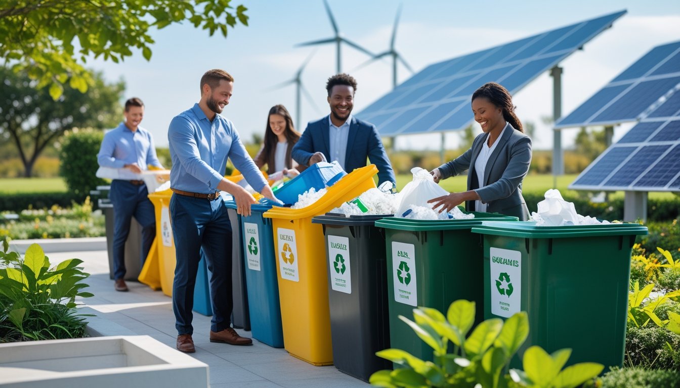 People sorting waste into recycling bins outdoors with green plants, solar panels, and wind turbines in the background.