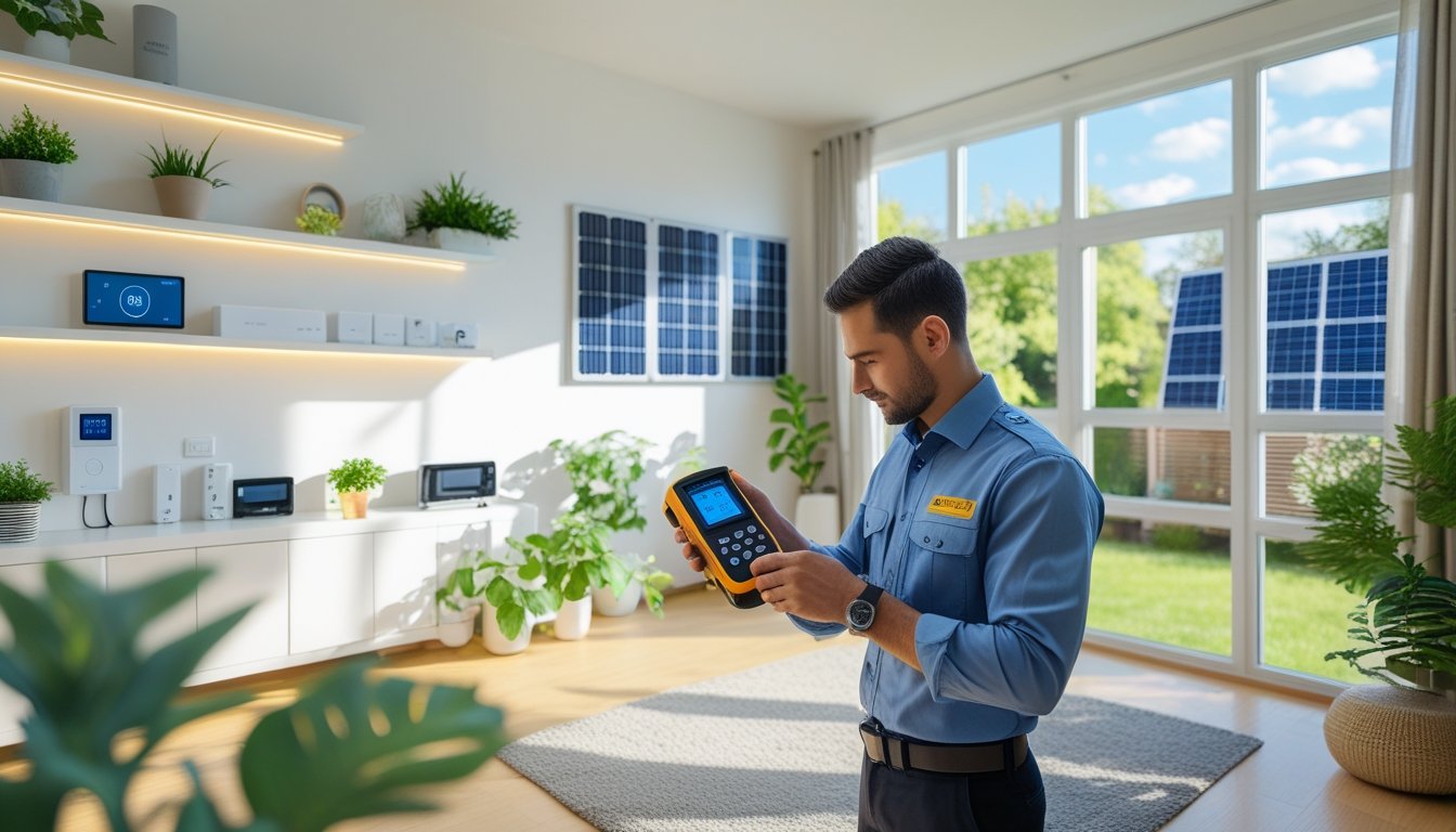 A professional energy auditor using a digital meter in a bright living room with large windows, plants, and energy-efficient devices.