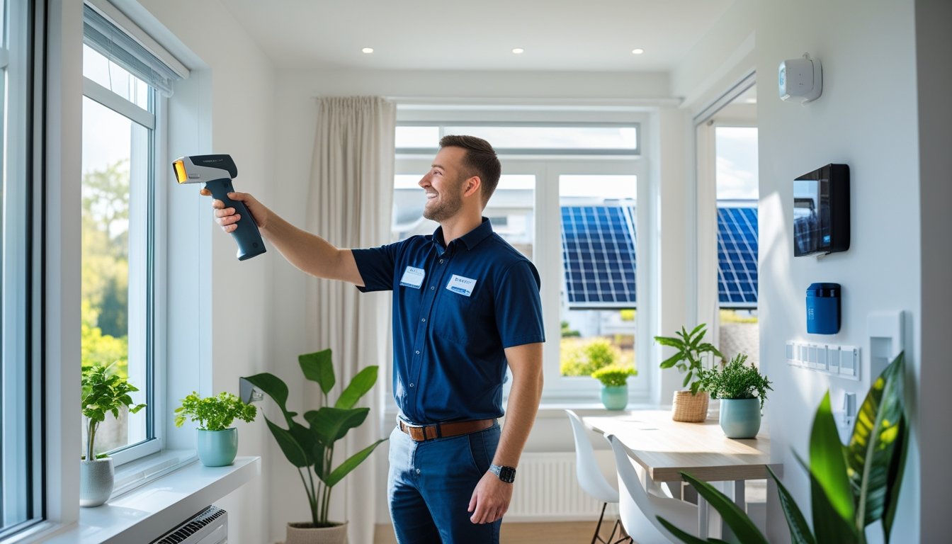 An energy auditor inspecting home insulation with a thermal camera in a bright room with eco-friendly features and natural light.