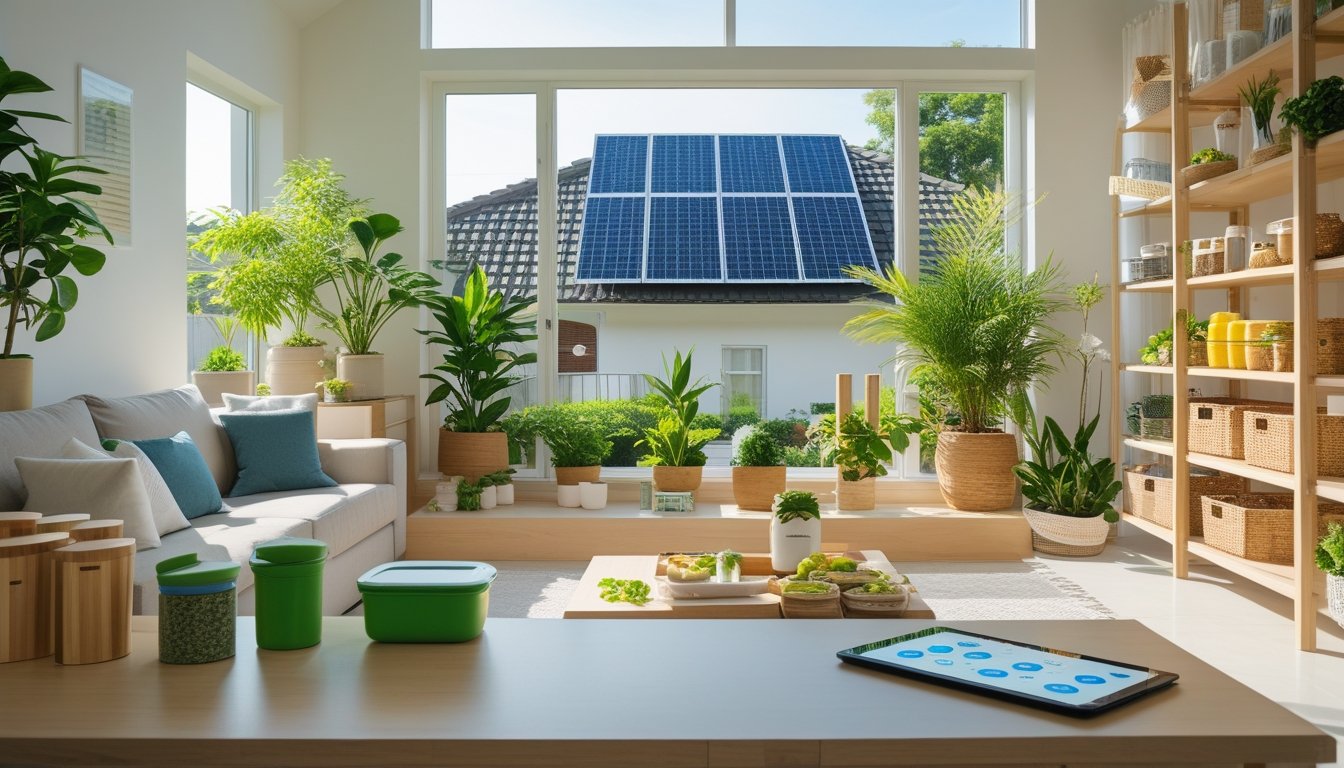 A bright, organised living room with plants, solar panels visible outside, reusable storage containers, and a tablet showing home energy monitoring.