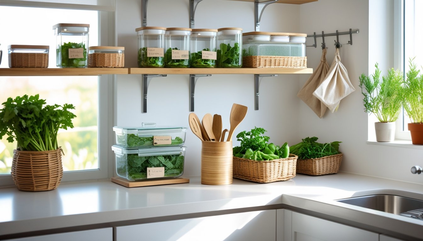 A tidy kitchen with eco-friendly storage containers, wicker baskets with vegetables, cloth bags, and potted herbs on the windowsill.