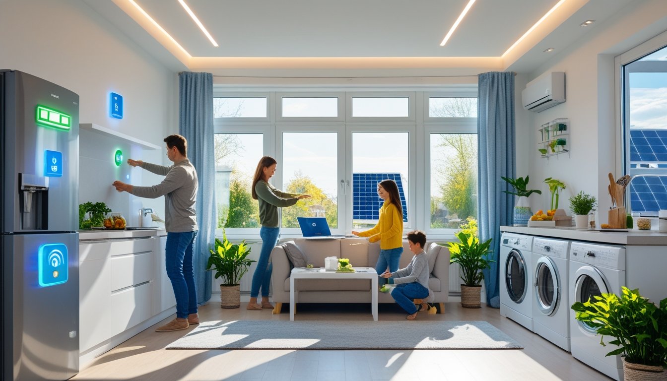 A family in a modern home using energy-efficient appliances and natural light to reduce household energy use.