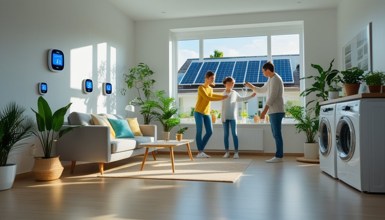A family in a bright living room using energy-saving devices with sunlight coming through large windows and solar panels visible on the roof outside.