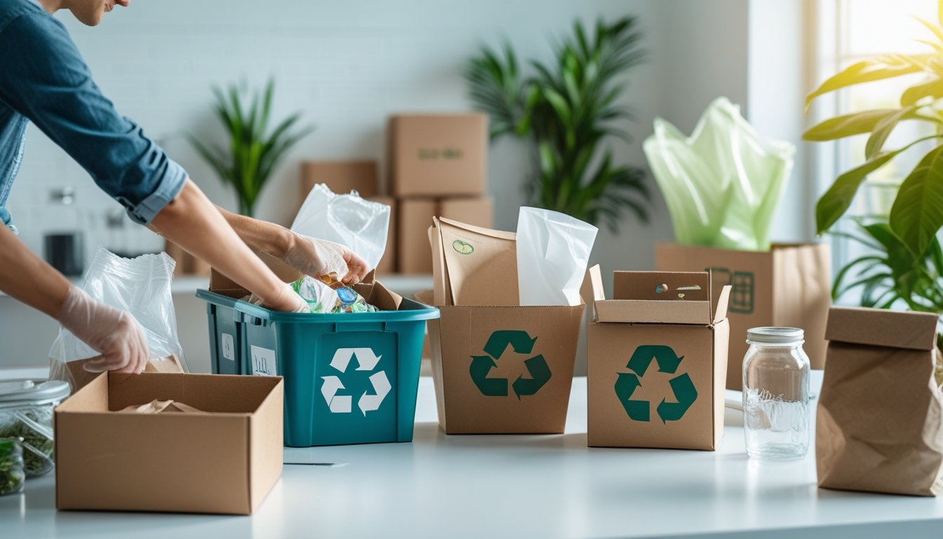 Hands sorting recyclable packaging materials into labelled bins on a bright workspace with sustainable packaging alternatives and green plants around.