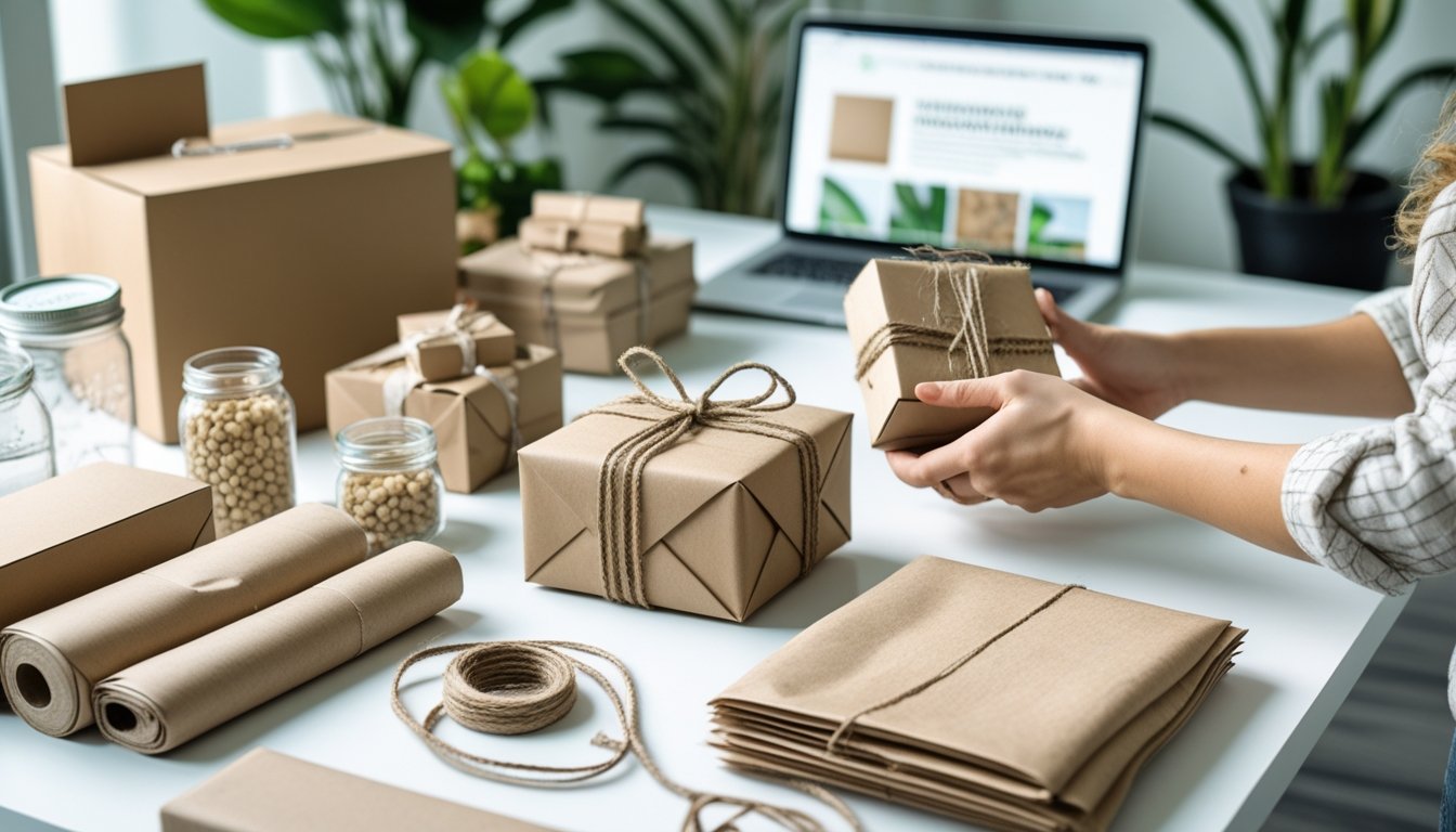 Hands wrapping a gift box with eco-friendly materials on a tidy workspace with plants and a laptop in the background.