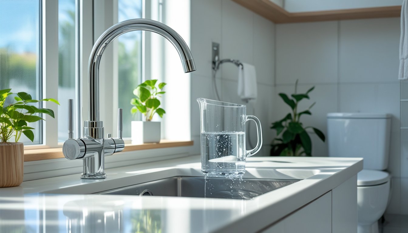 A modern kitchen and bathroom displaying water-saving fixtures and plants with natural light coming through a window.