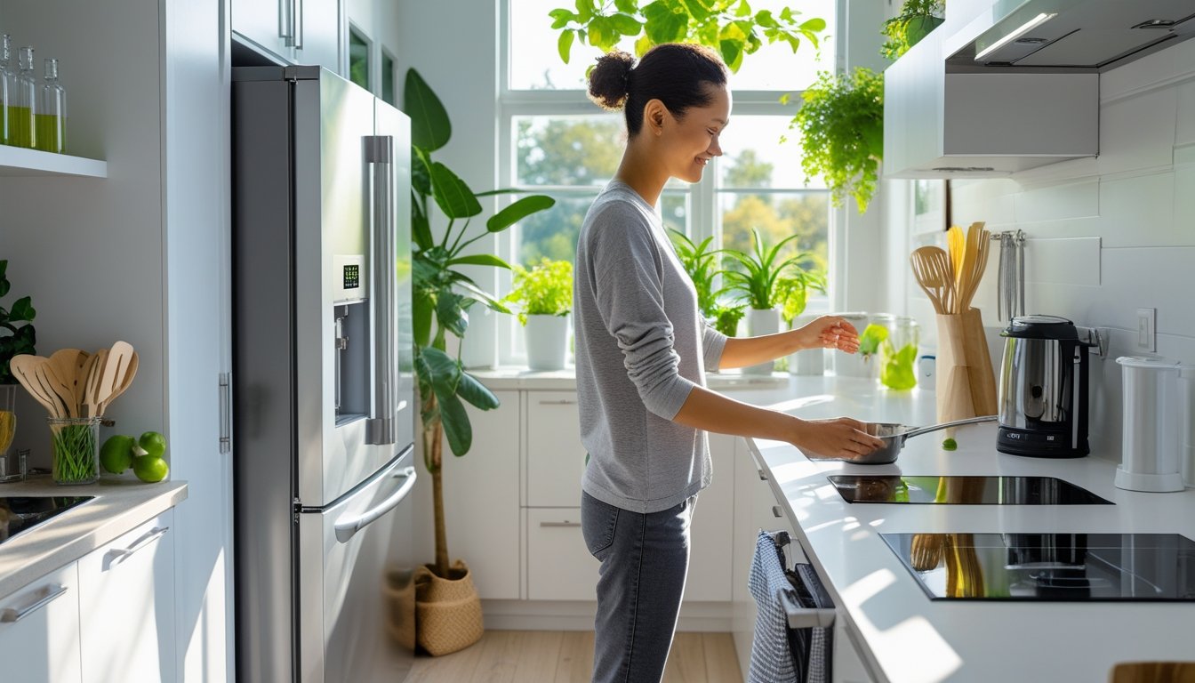A person using eco-friendly home appliances in a bright kitchen with plants and natural light.