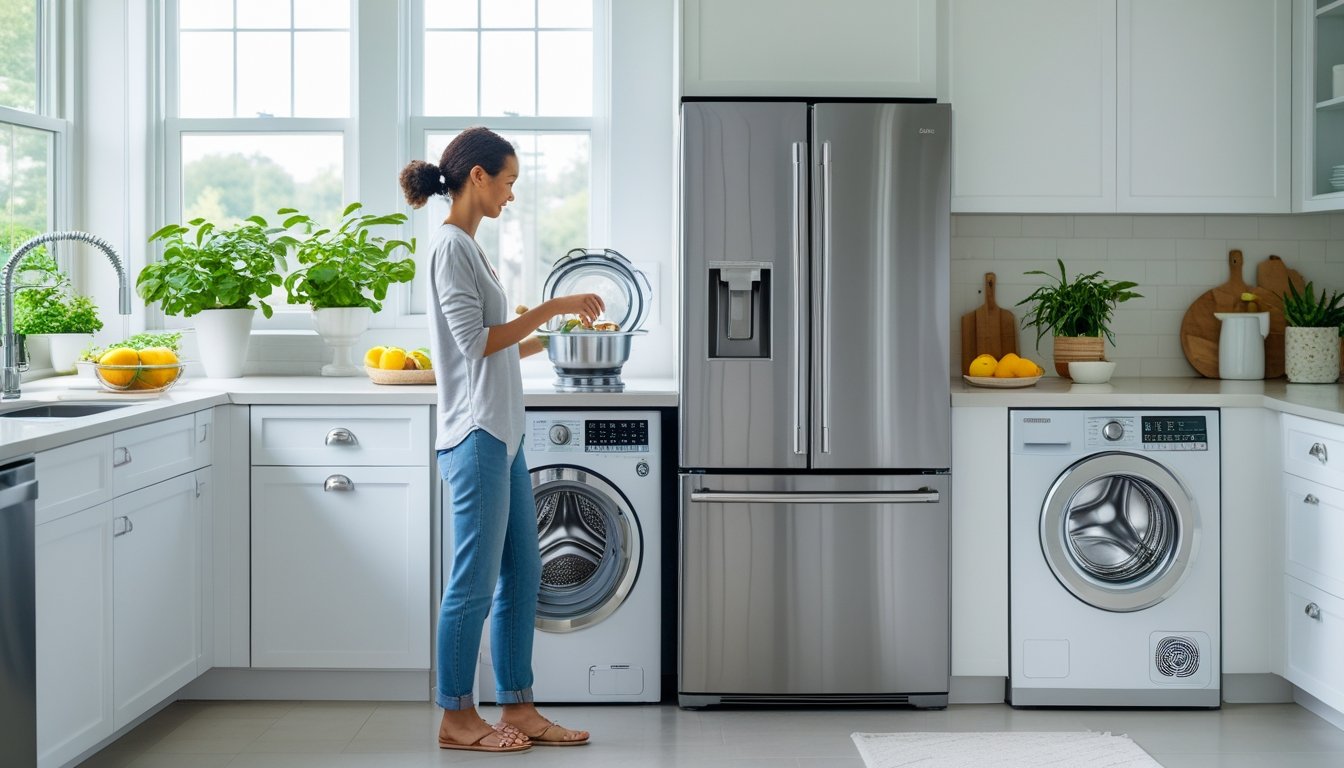 A person using energy-efficient kitchen appliances in a bright kitchen with plants and natural light.