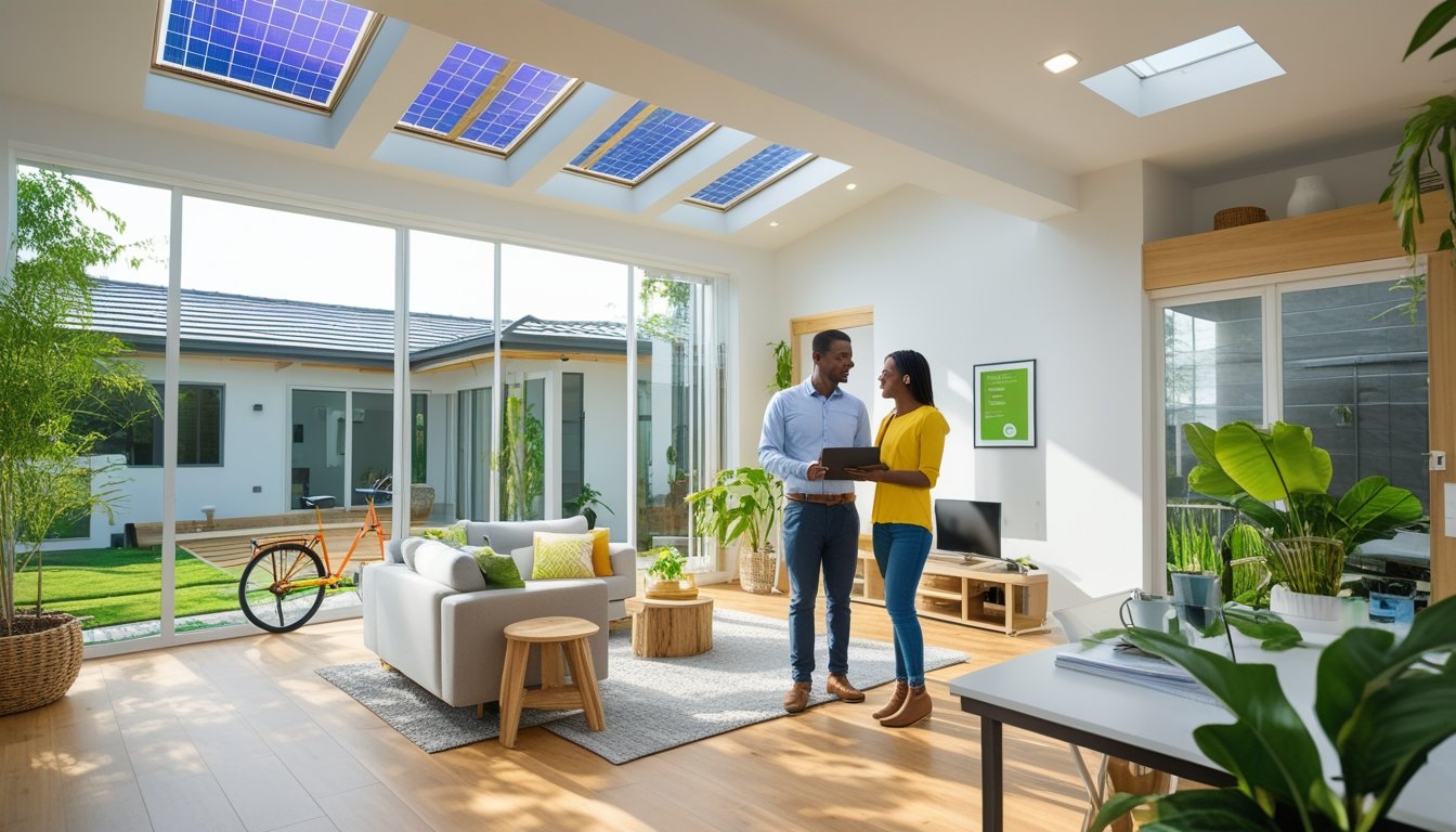 A couple discussing eco-friendly home improvements with a consultant in a bright living room featuring solar panels, indoor plants, and sustainable materials.