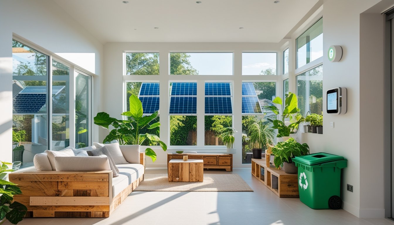 A modern living room with large windows, indoor plants, reclaimed wood furniture, a smart thermostat, and a recycling station, showing eco-friendly home improvements.