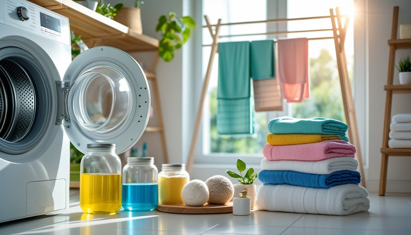 A laundry room with a washing machine, eco-friendly detergent jars, reusable laundry bags, wool dryer balls, folded towels, a drying rack with clothes, and a potted plant by a sunlit window.