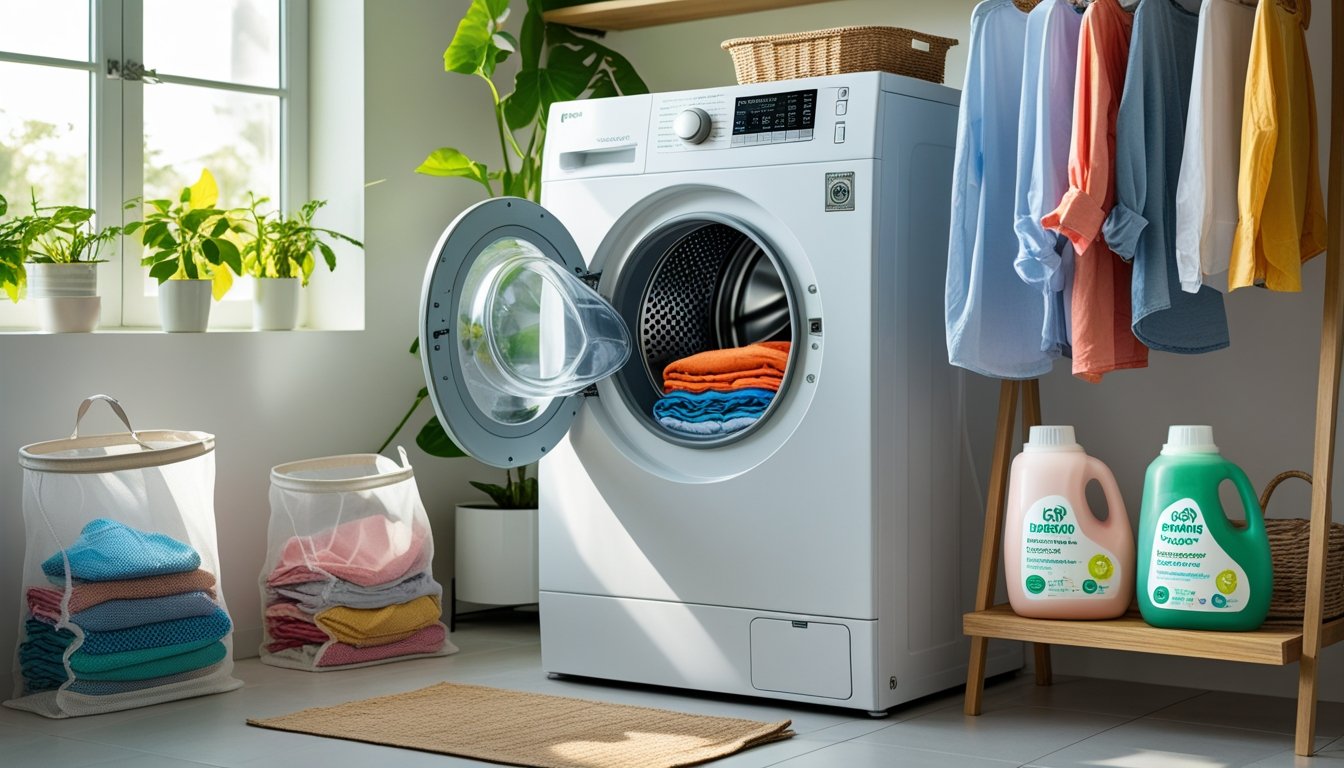 A bright laundry room with a washing machine, drying rack with clothes, eco-friendly detergent, and green plants by a window.