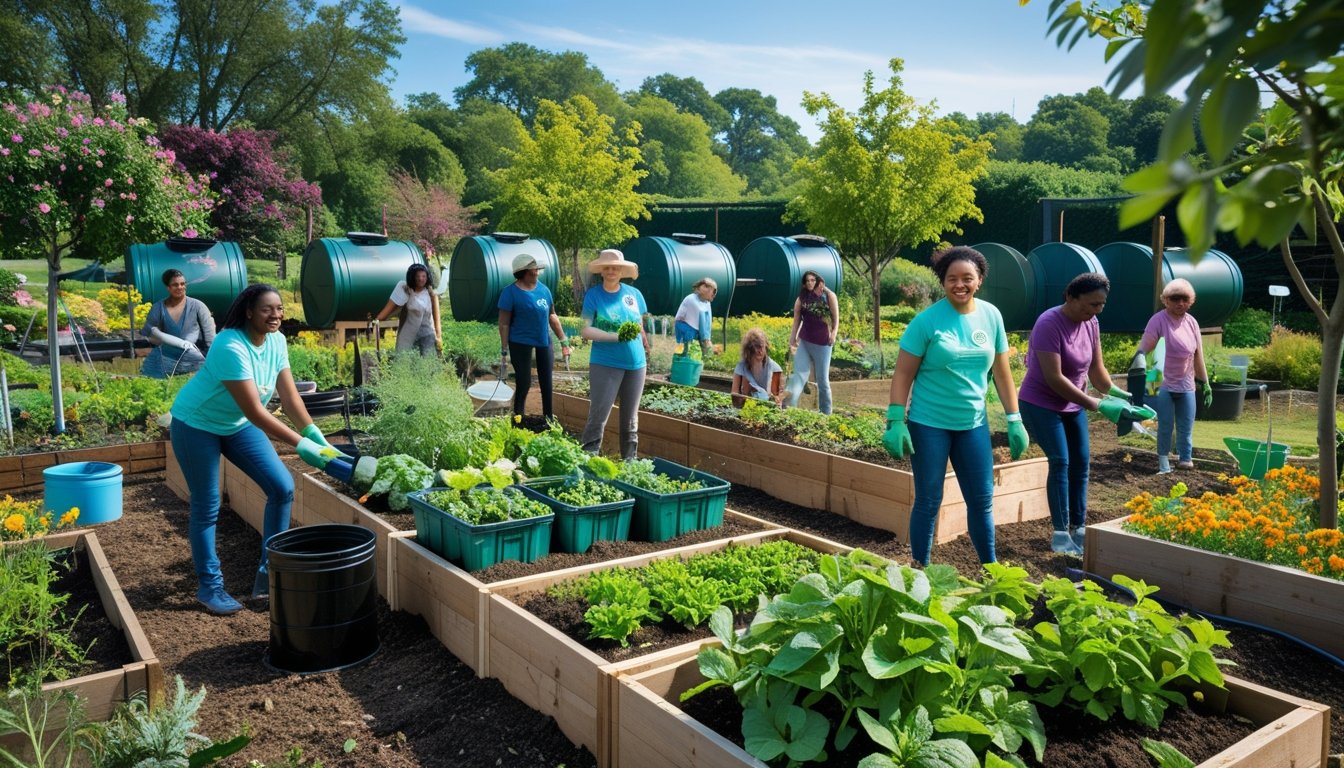 A group of people gardening together in a community garden with plants, compost bins, and rainwater barrels on a sunny day.
