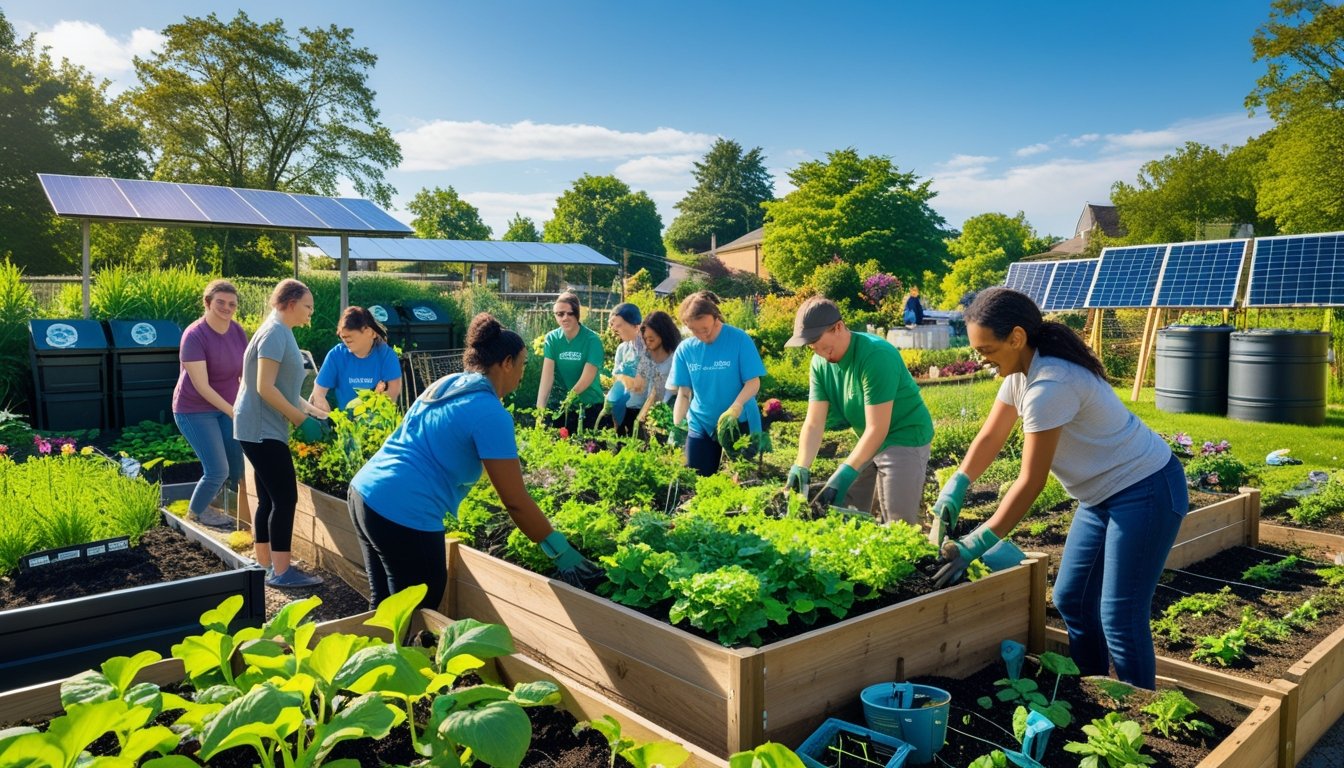 People gardening together in a lush community garden with vegetables, flowers, compost bins, and solar panels visible in the background.