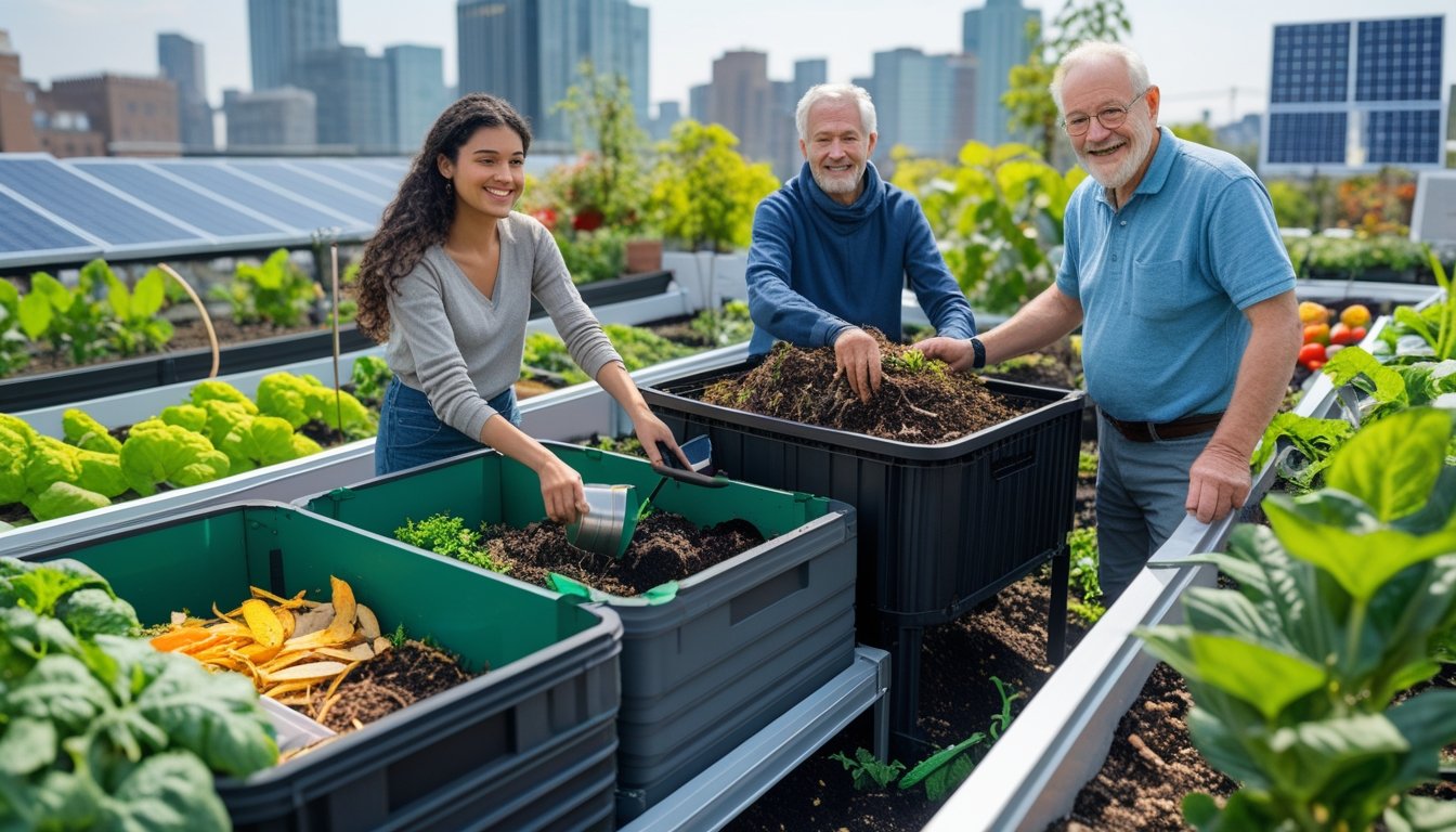 People composting organic waste in a city rooftop garden with plants and compost bins.