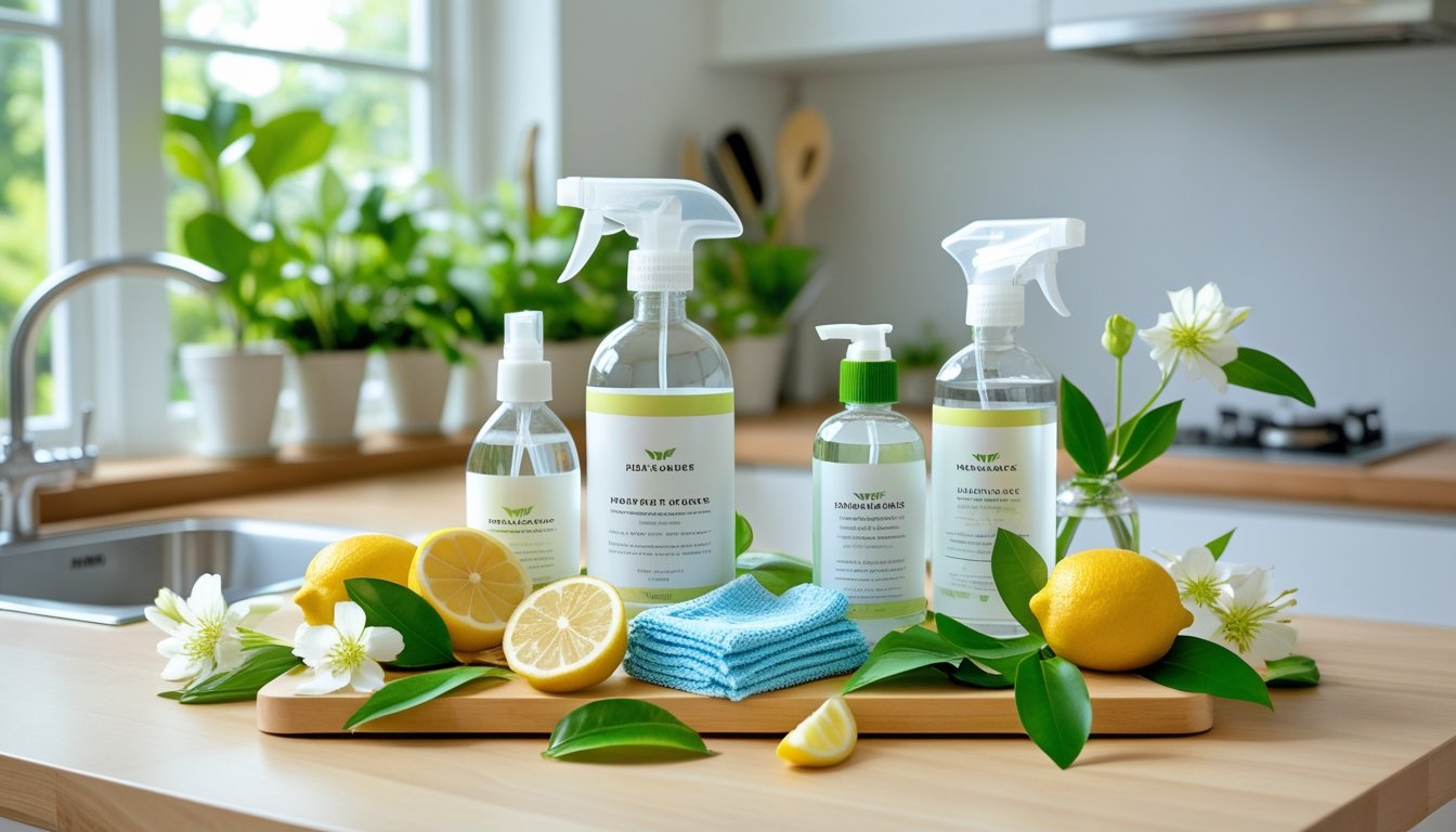 A clean kitchen countertop with eco-friendly cleaning products, natural ingredients like lemon and leaves, and potted plants by a window.