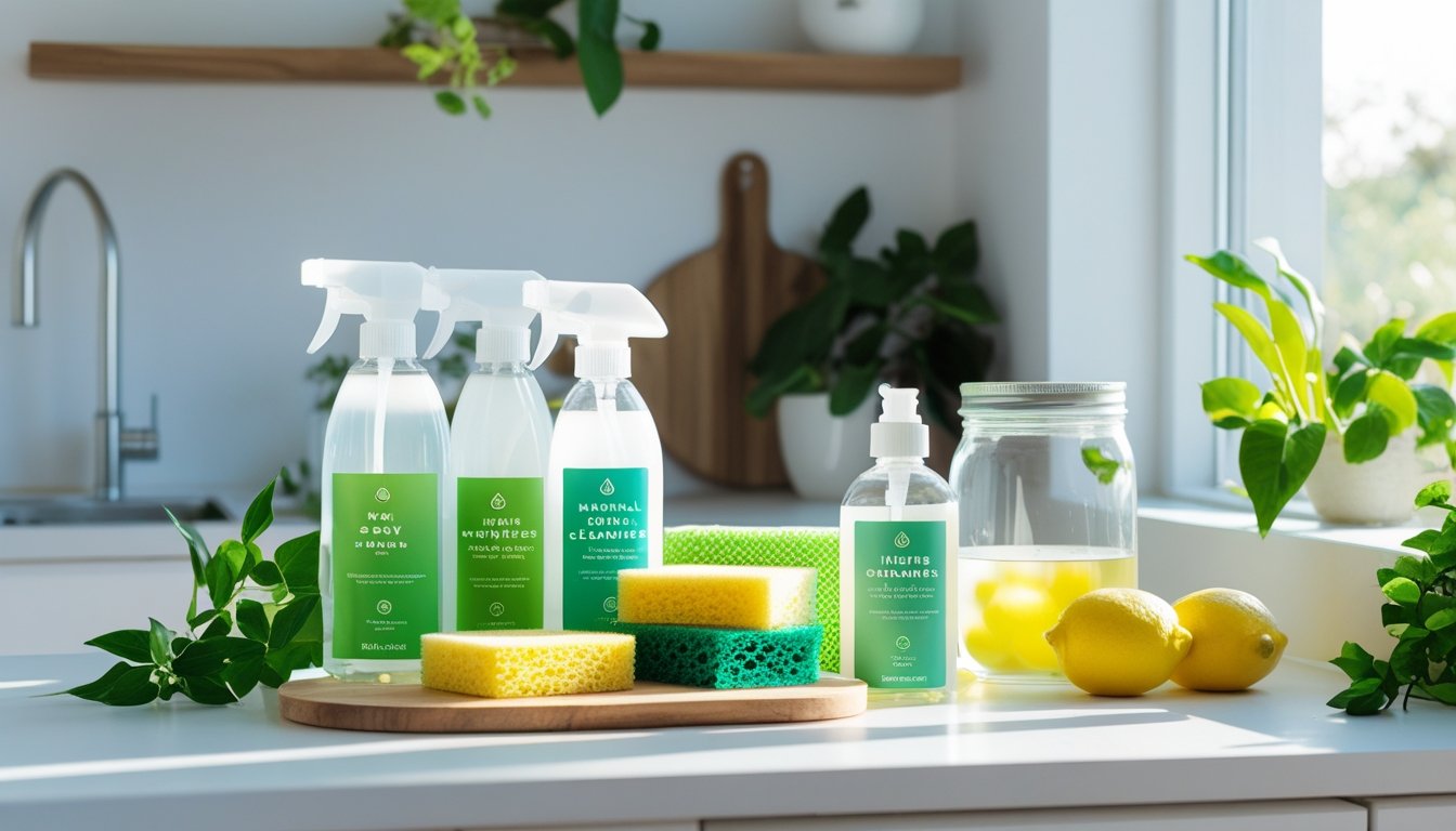 A modern kitchen countertop with eco-friendly cleaning products, green plants, and fresh lemons in natural light.