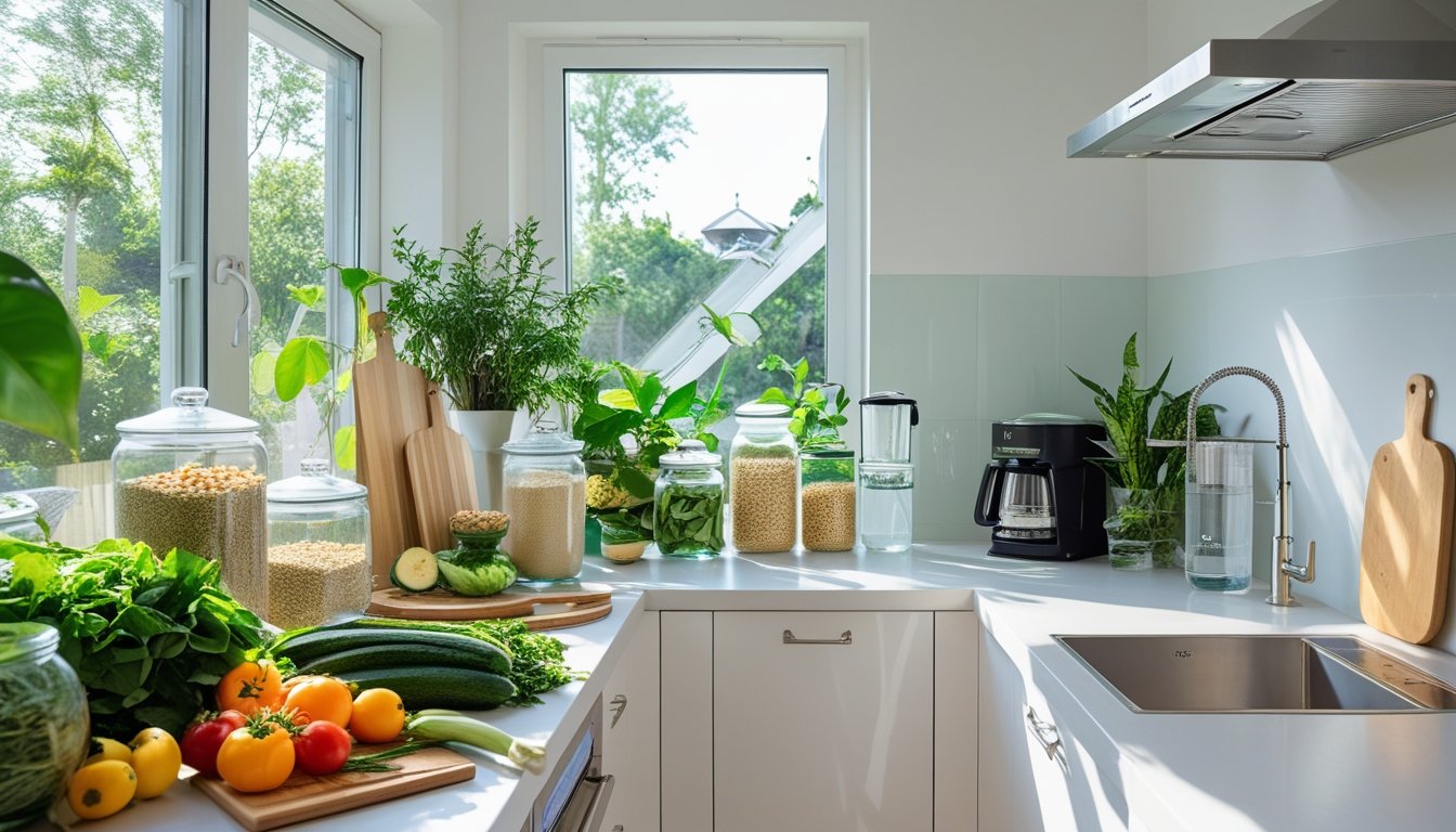 A modern kitchen with fresh vegetables, reusable jars, eco-friendly utensils, a compost bin, and indoor plants.