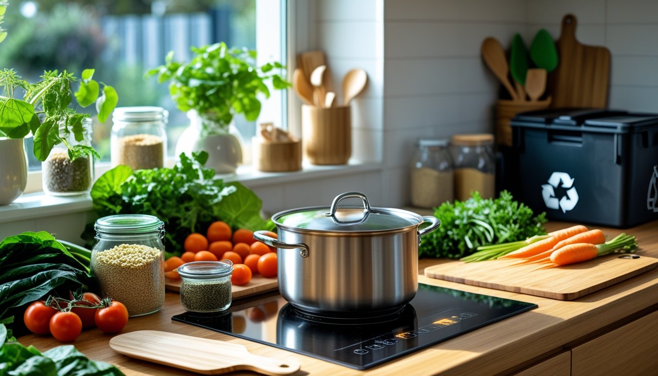 A modern kitchen countertop with fresh vegetables, reusable jars, eco-friendly utensils, and plants by a window.